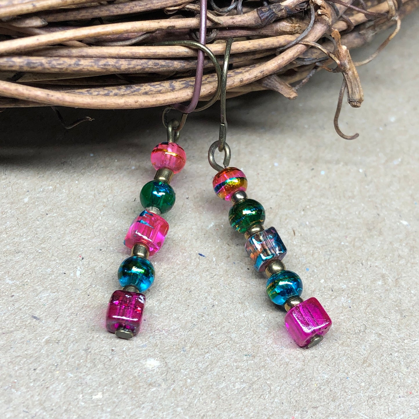 Hot pink and green glass cube earrings