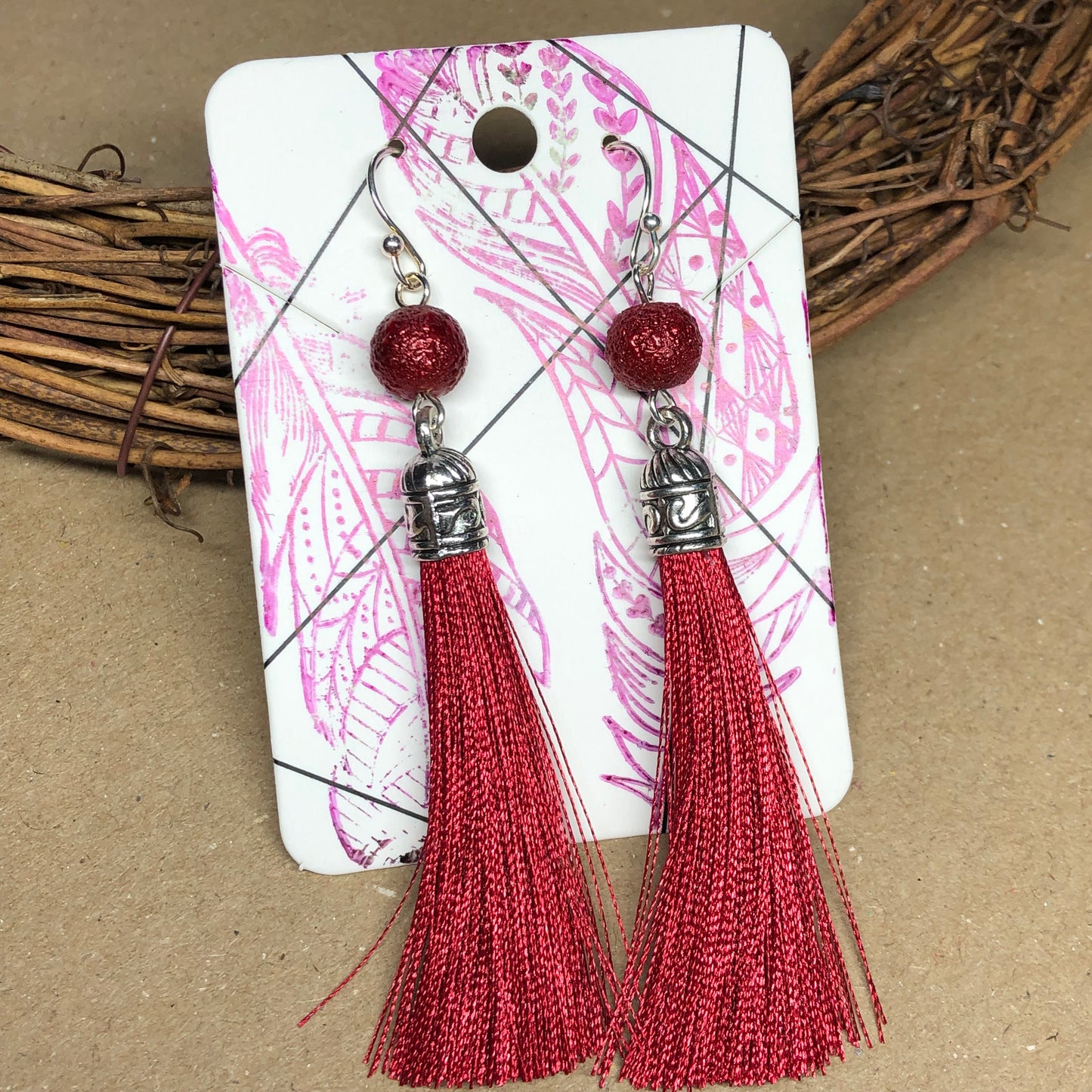 Raspberry tassel earrings with dewy beads