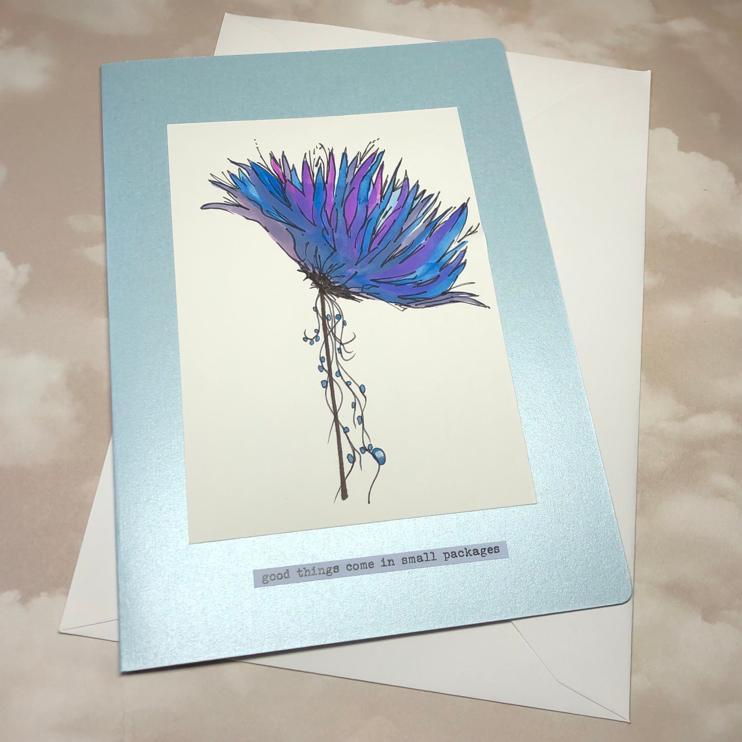 Spiky blue flower watercolour greeting card