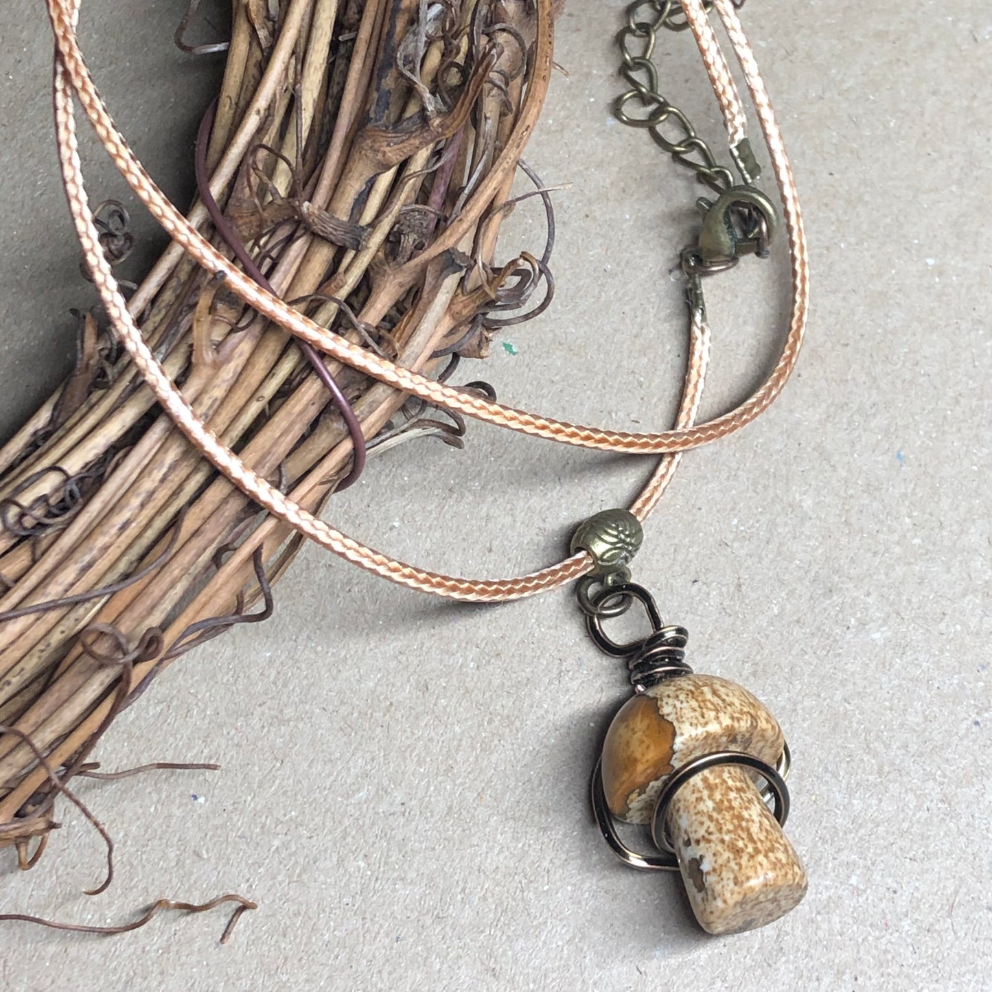 Wire wrap Mookaite mushroom necklace