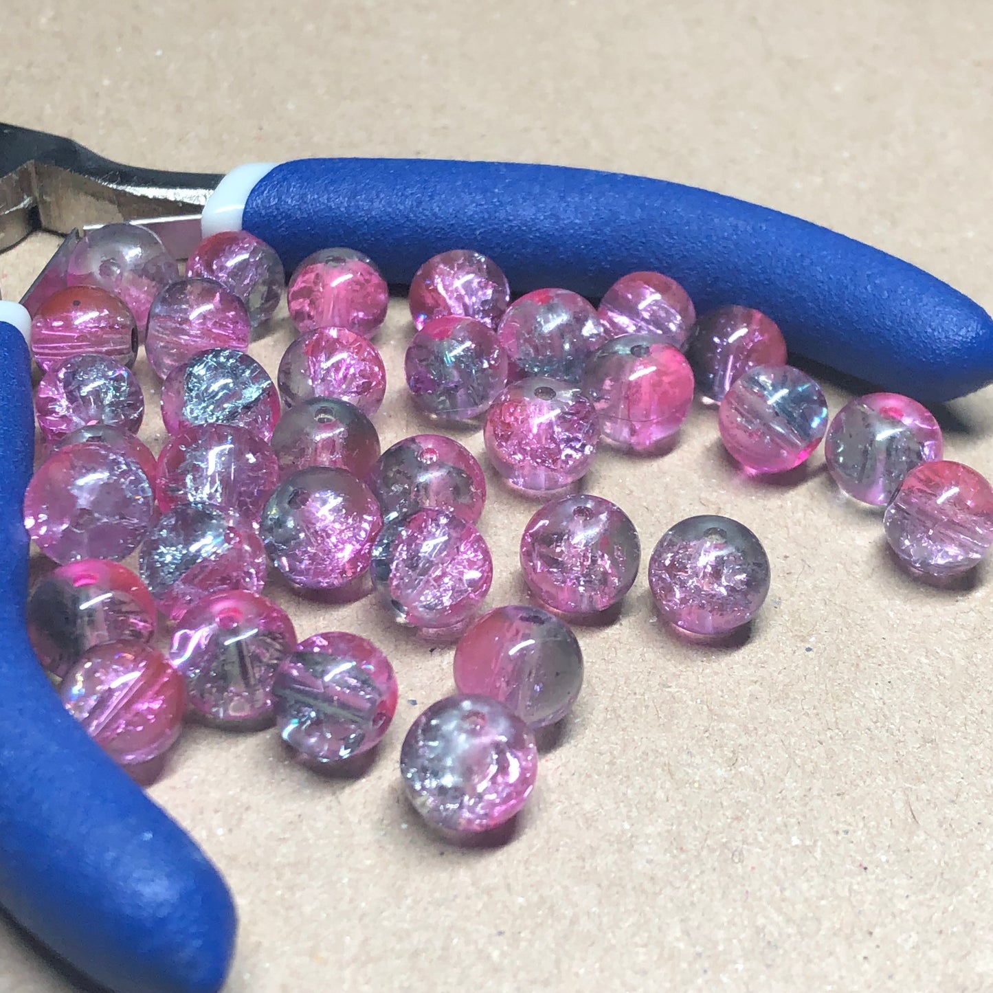 Pink grey crackle glass beads