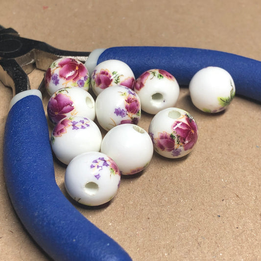 Purple flower printed ceramic beads