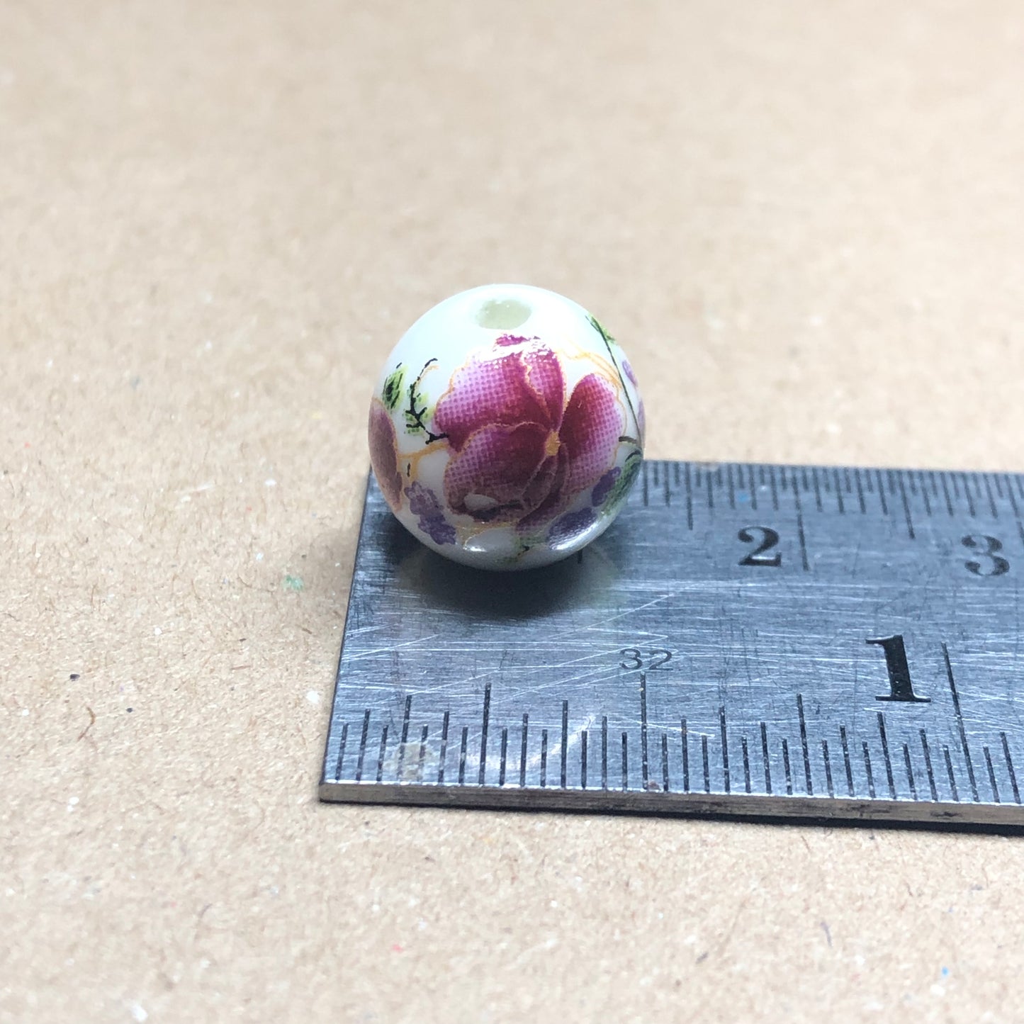 Purple flower printed ceramic beads