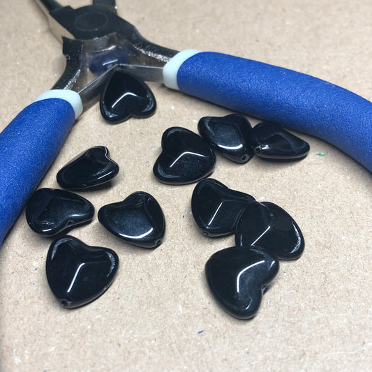 Black glass heart beads 12mm