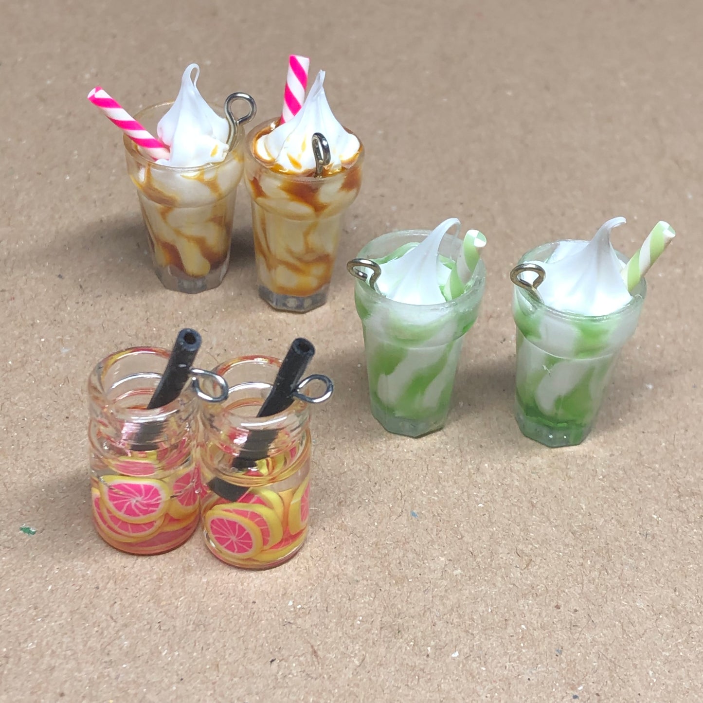 Six ice fruit cream sundae charm pendants