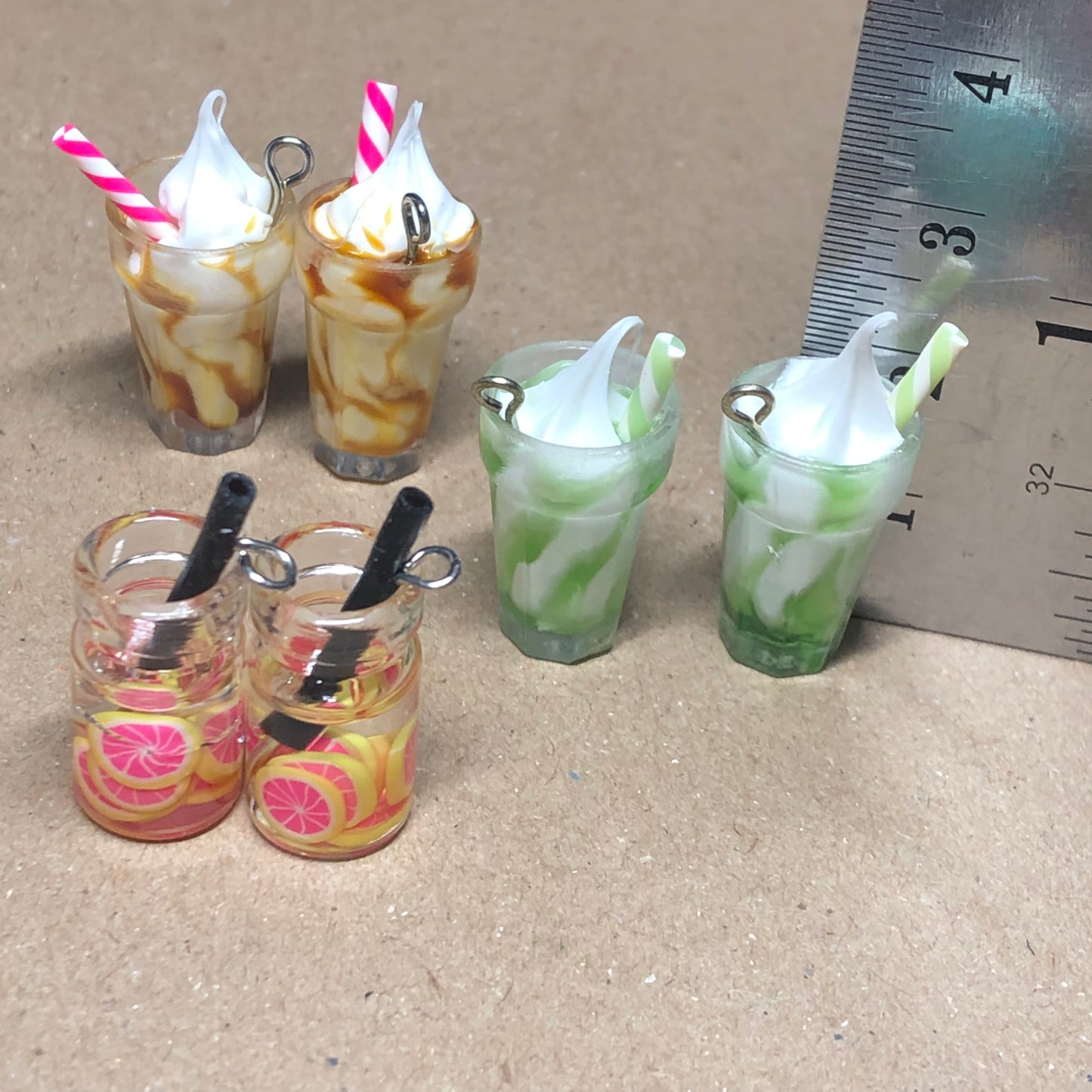 Six ice fruit cream sundae charm pendants