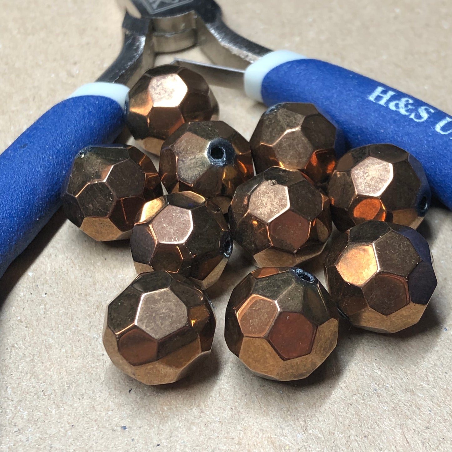 Bronze metallic faceted glass cube beads