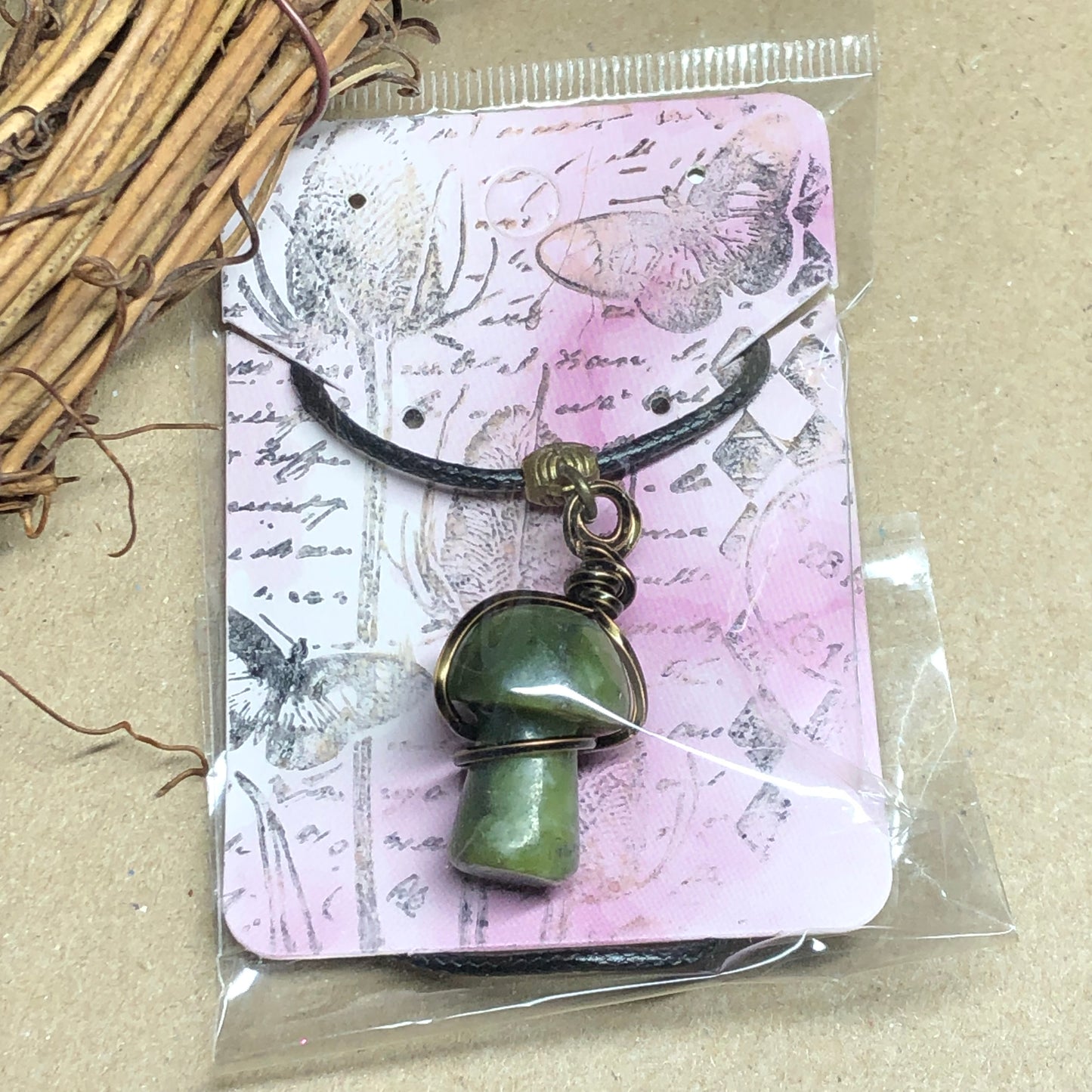 Wire wrap Serpentine mushroom necklace