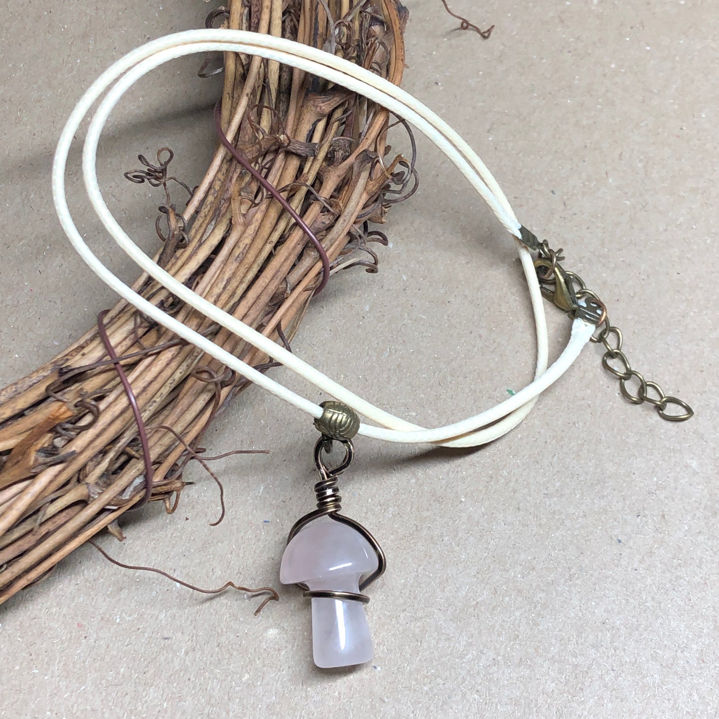 Wire wrap Rose Quartz toadstool necklace