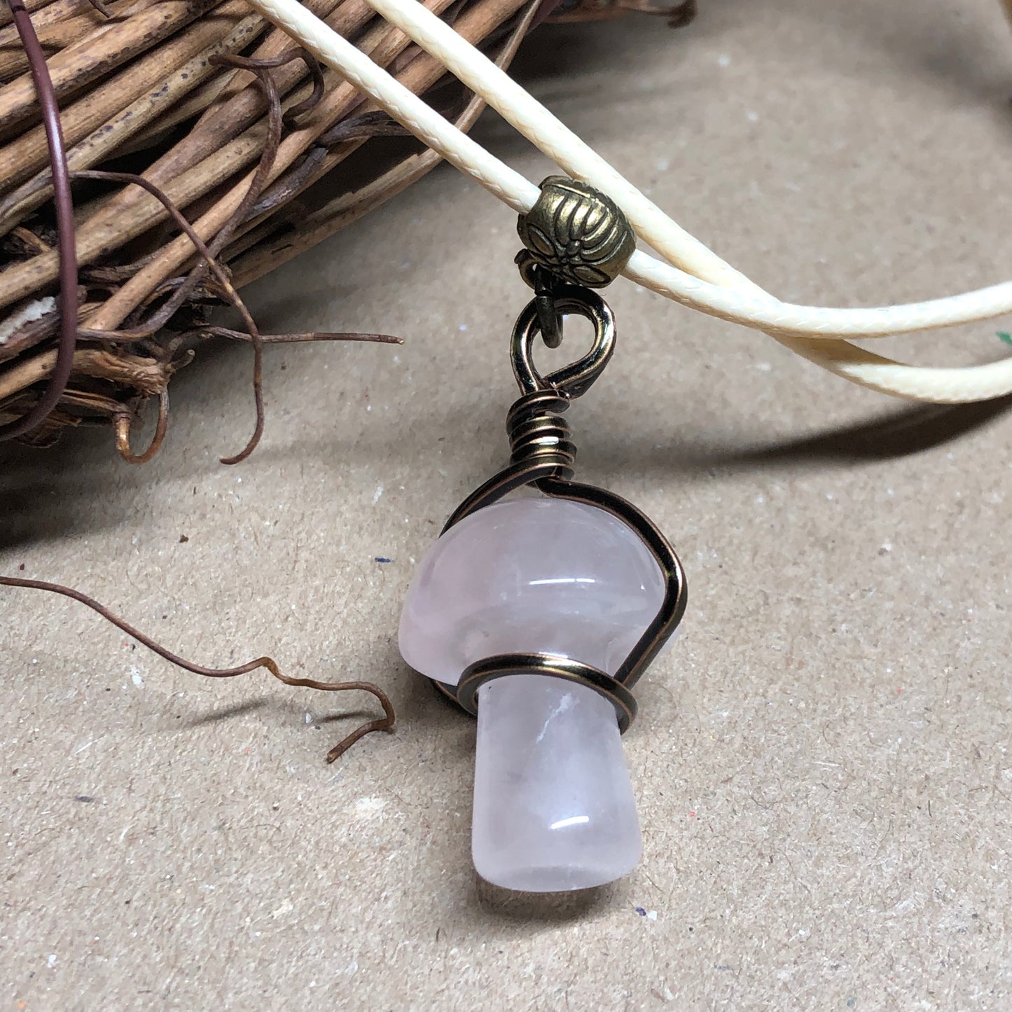 Wire wrap Rose Quartz toadstool necklace