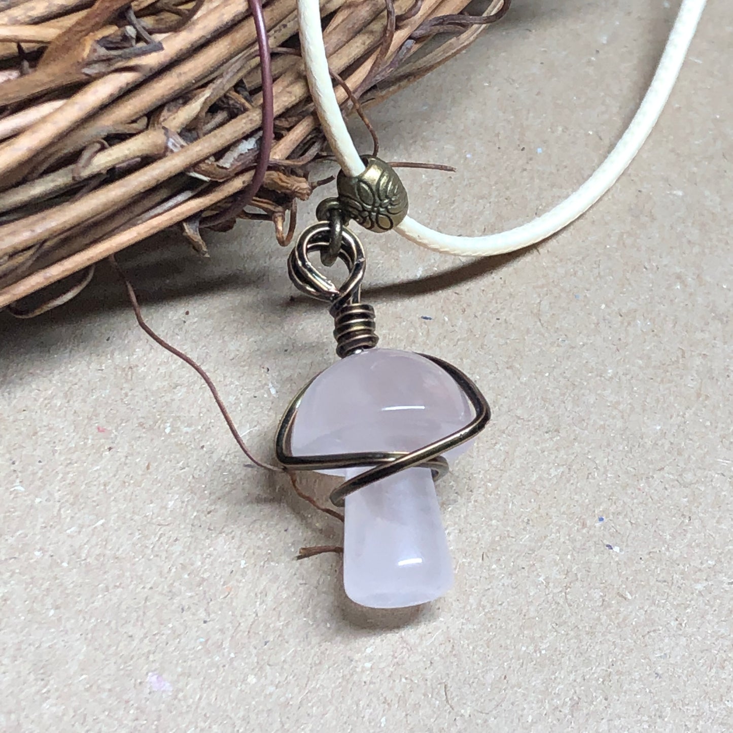 Wire wrap Rose Quartz toadstool necklace