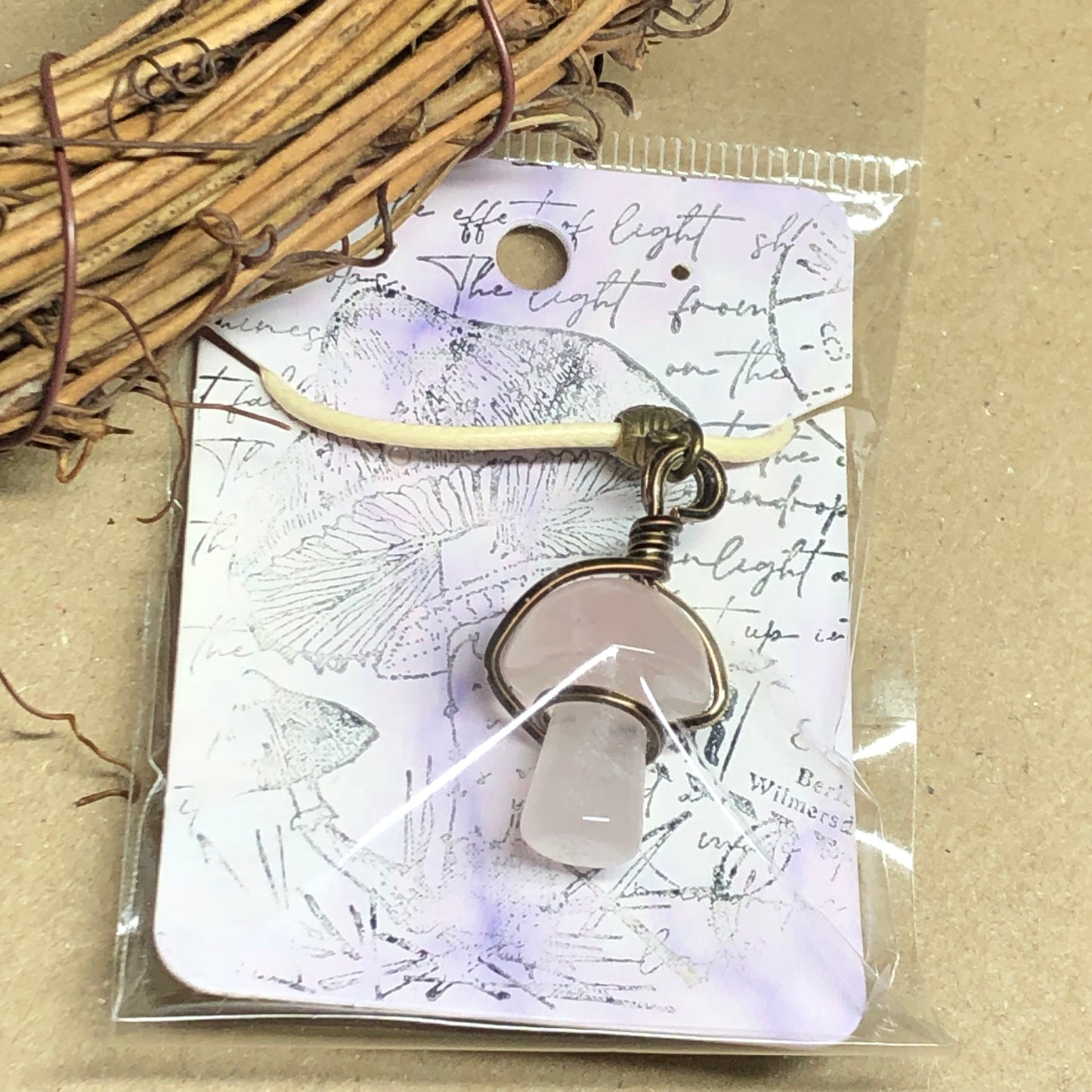 Wire wrap Rose Quartz toadstool necklace