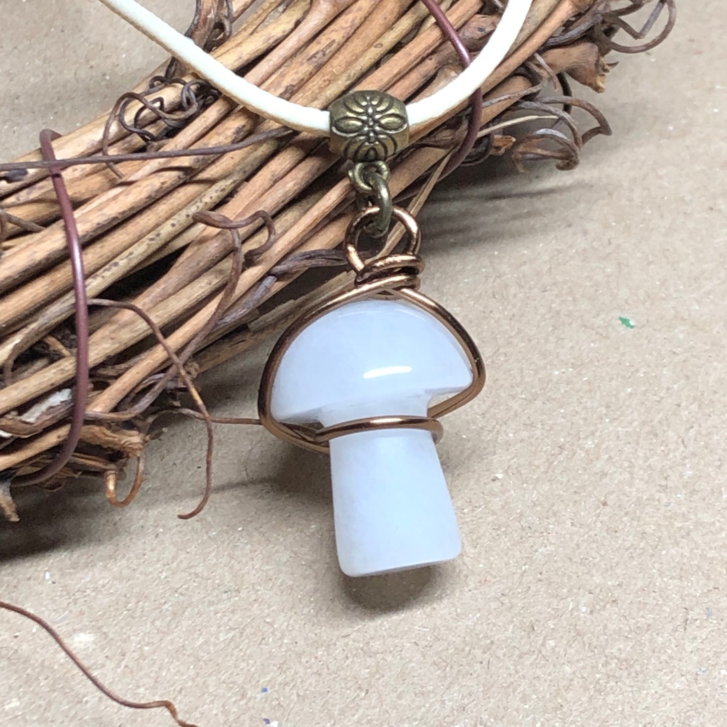 Wire wrap Snow Quartz toadstool necklace