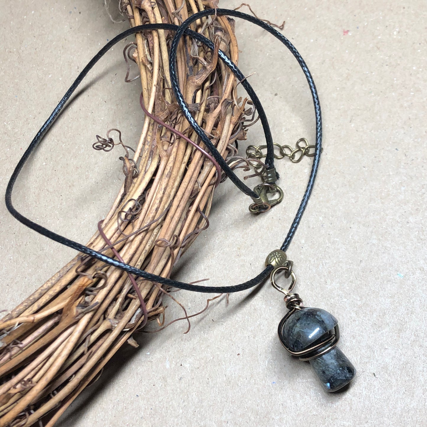 Wire wrap grey Labradorite mushroom necklace