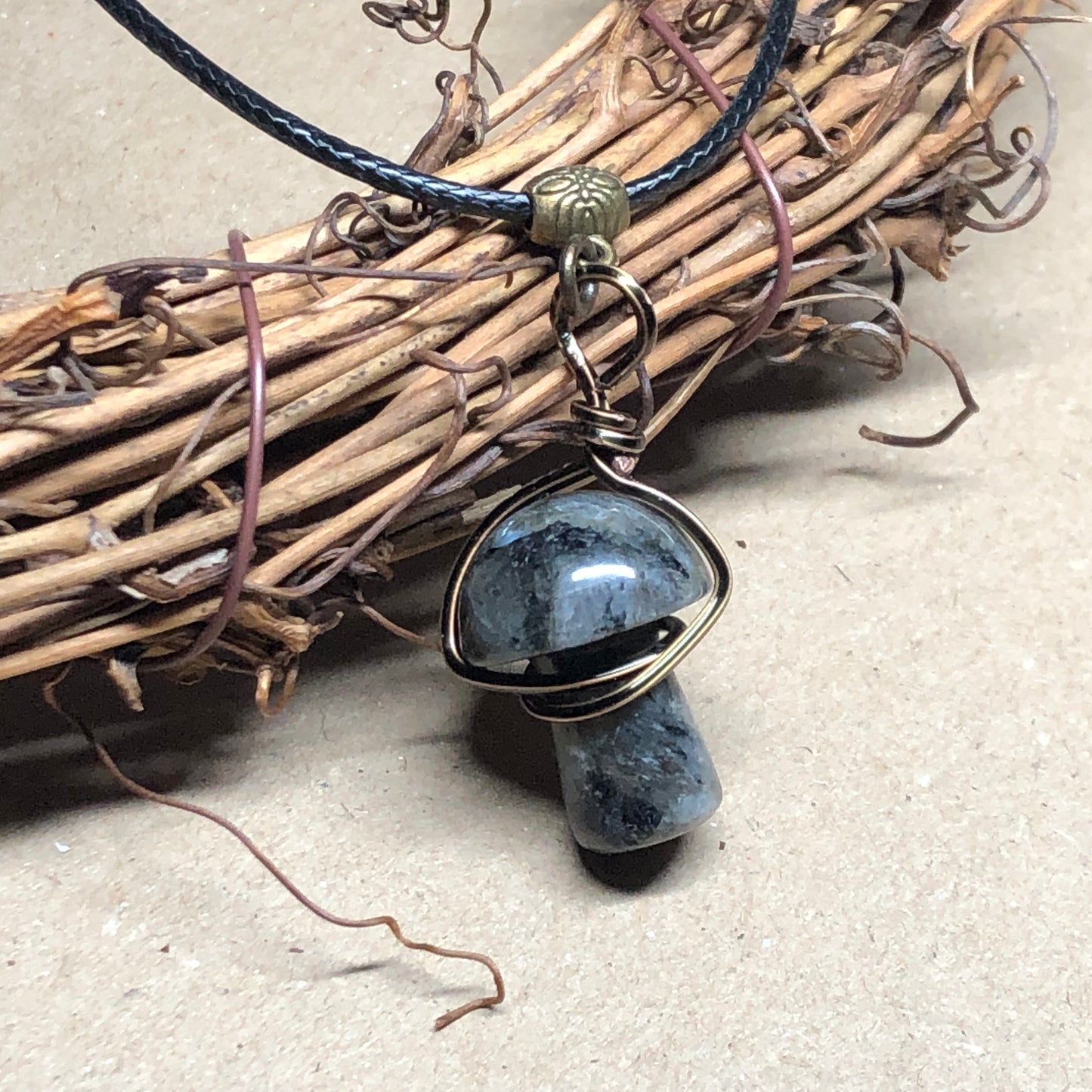 Wire wrap grey Labradorite mushroom necklace