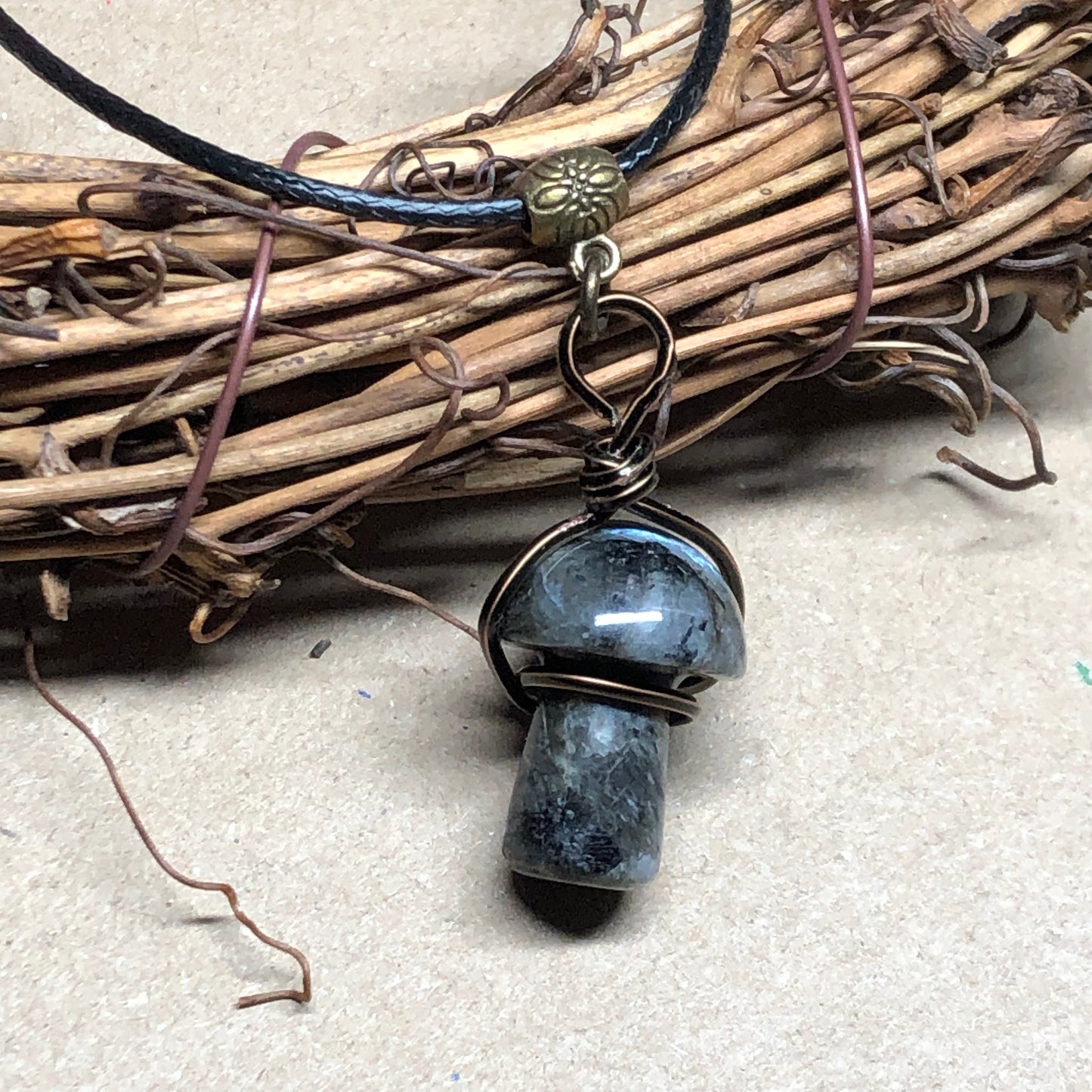 Wire wrap grey Labradorite mushroom necklace