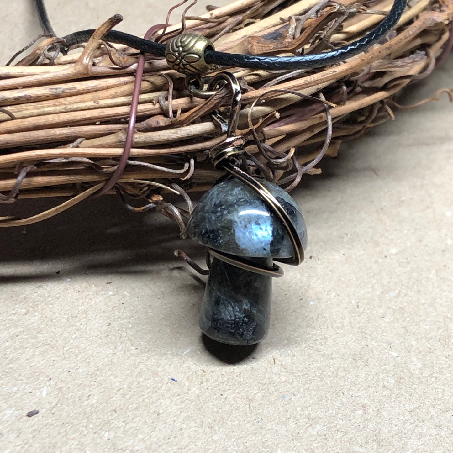 Wire wrap grey Labradorite mushroom necklace