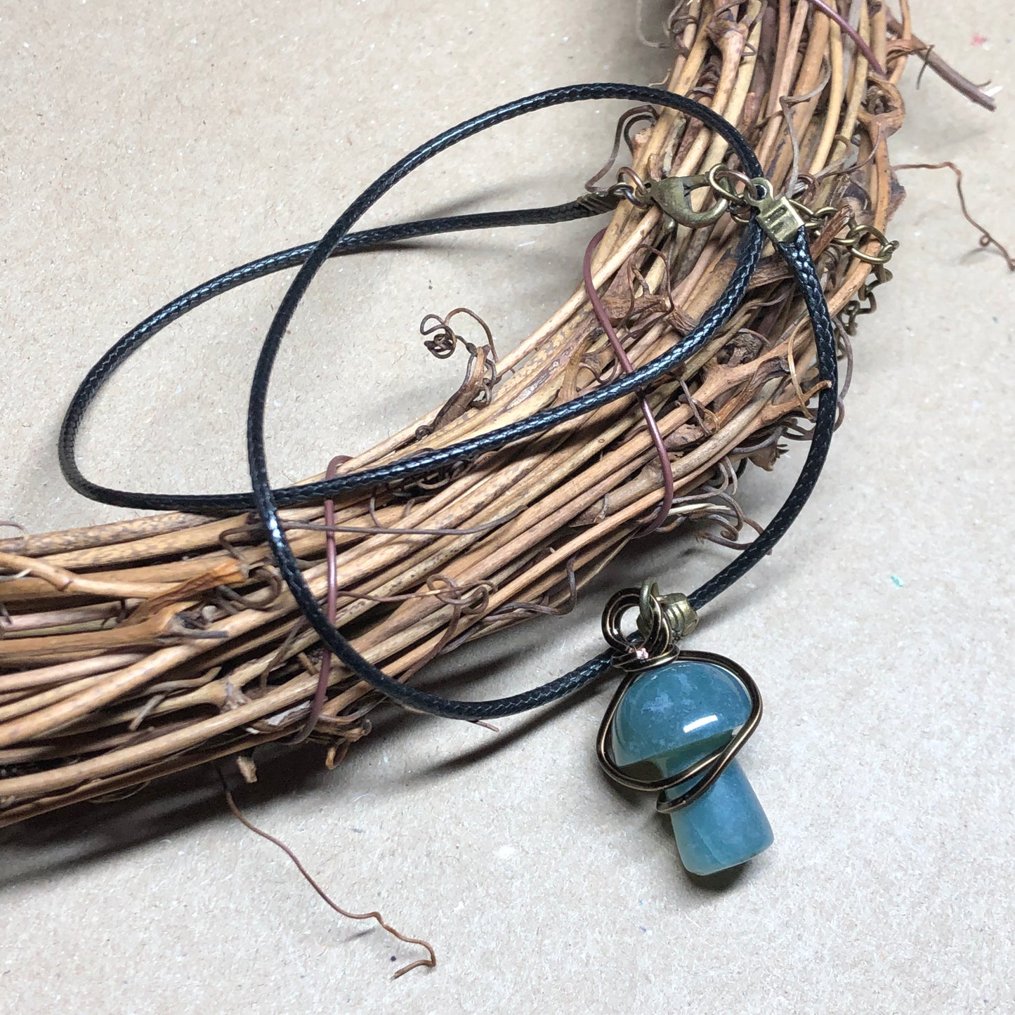 Wire wrap blue green Agate mushroom necklace