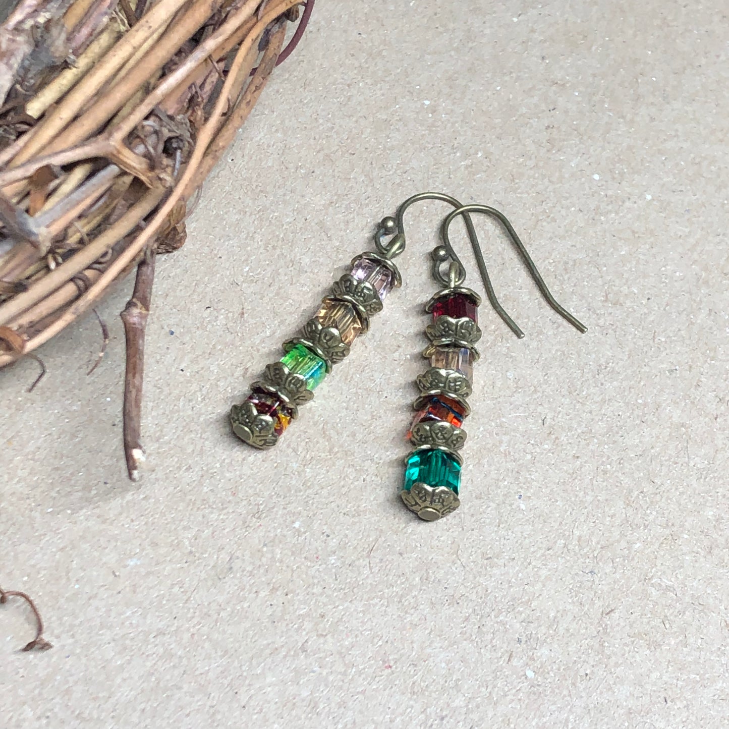 Colourful crystal cube bronze dangle earrings