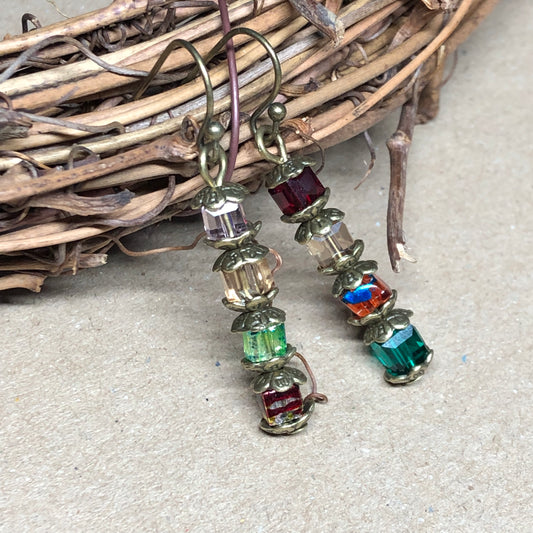 Colourful crystal cube bronze dangle earrings