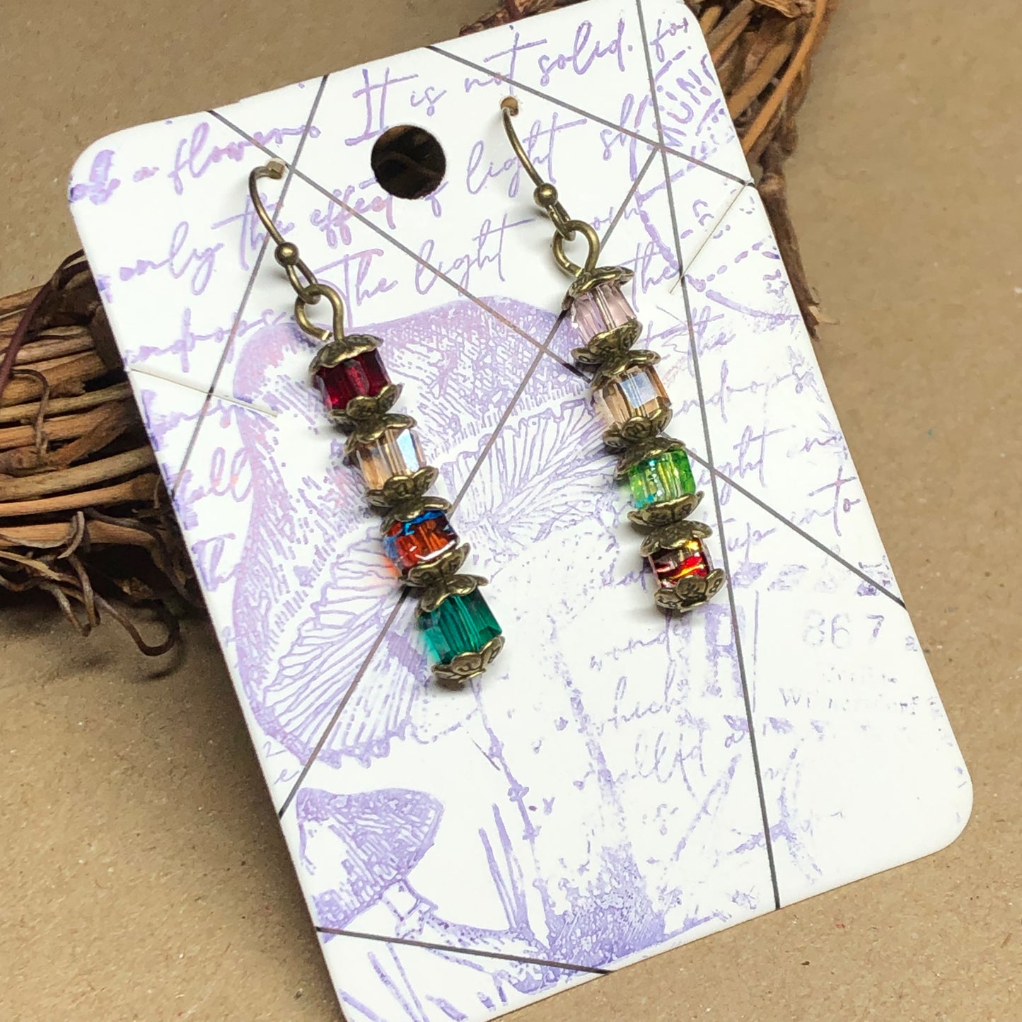 Colourful crystal cube bronze dangle earrings