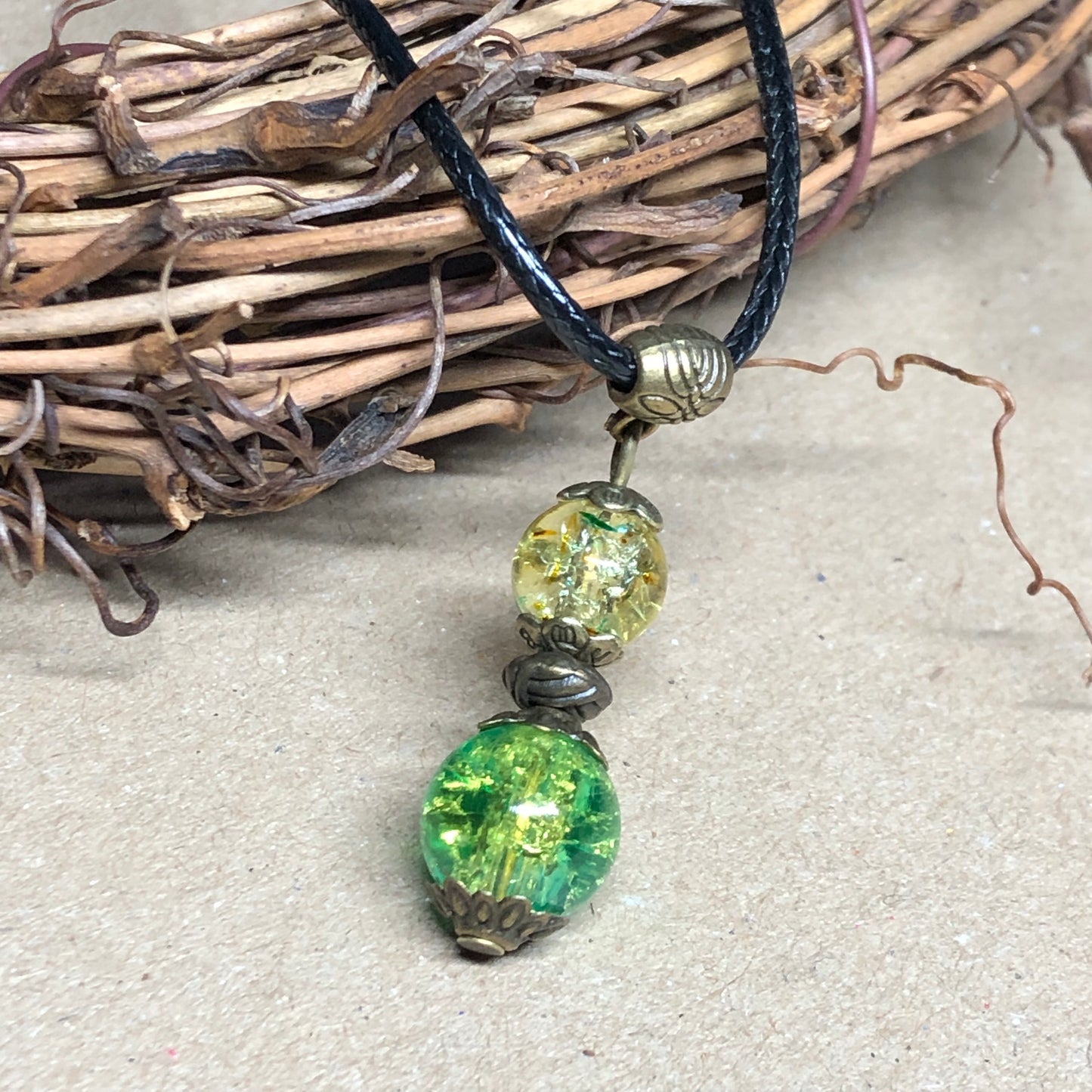 Green crackle glass pendant necklace