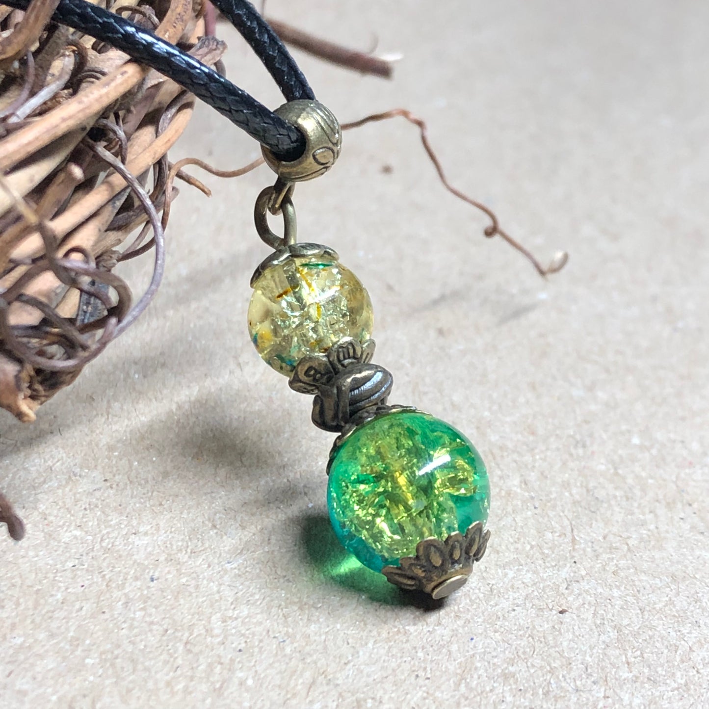 Green crackle glass pendant necklace