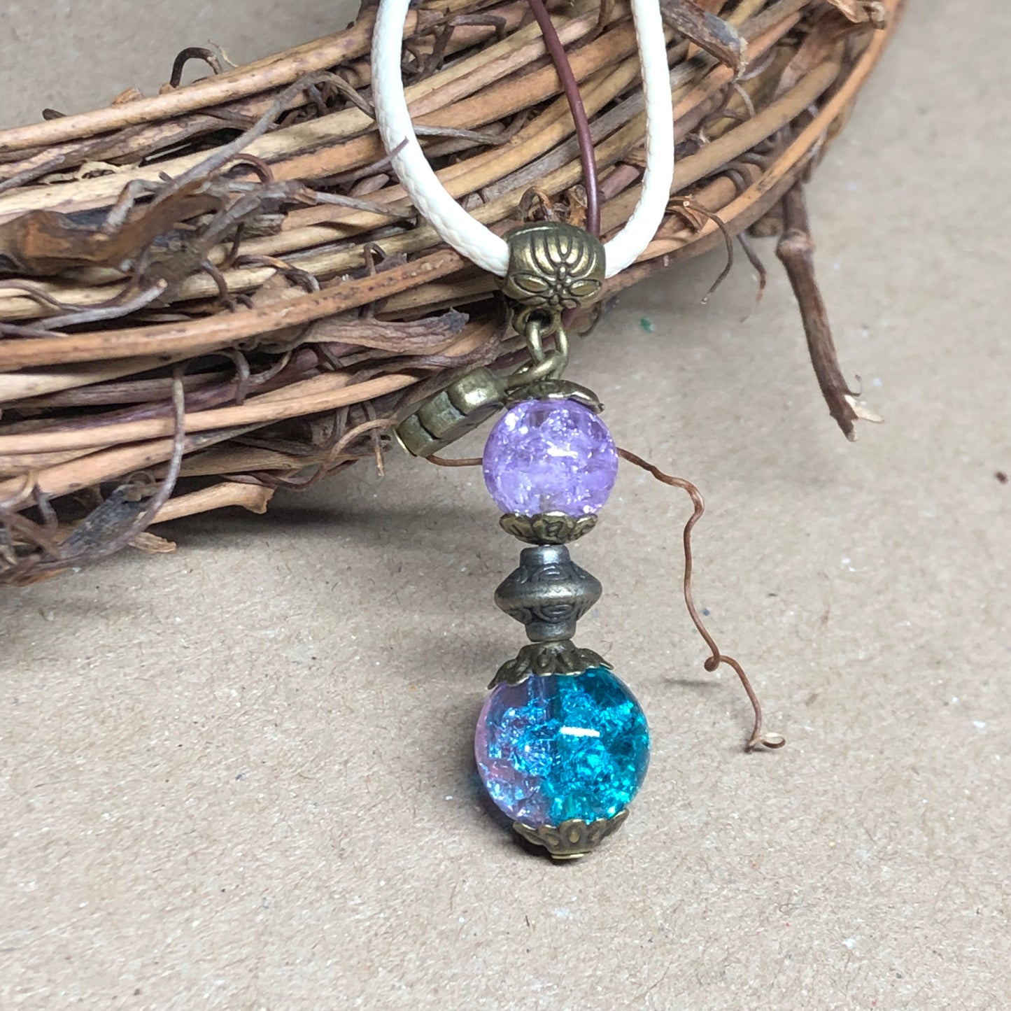 Purple crackle glass pendant necklace