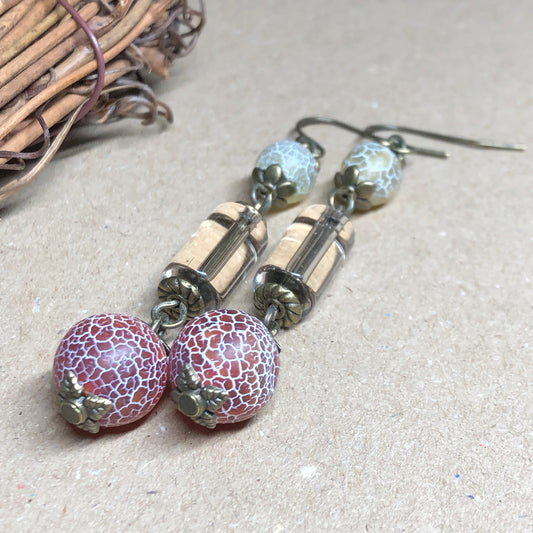 Long glass and dragon vein agate earrings