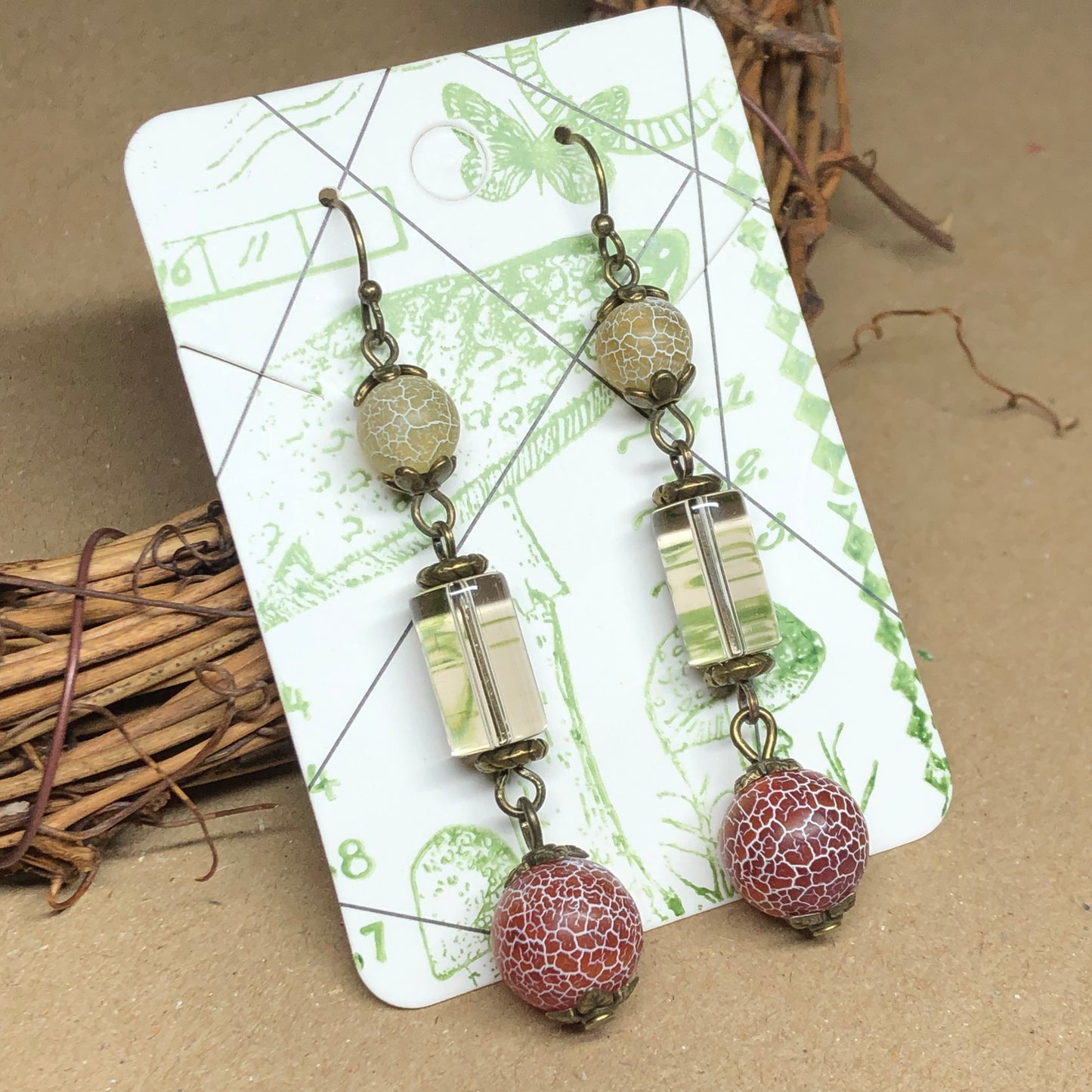 Long glass and dragon vein agate earrings