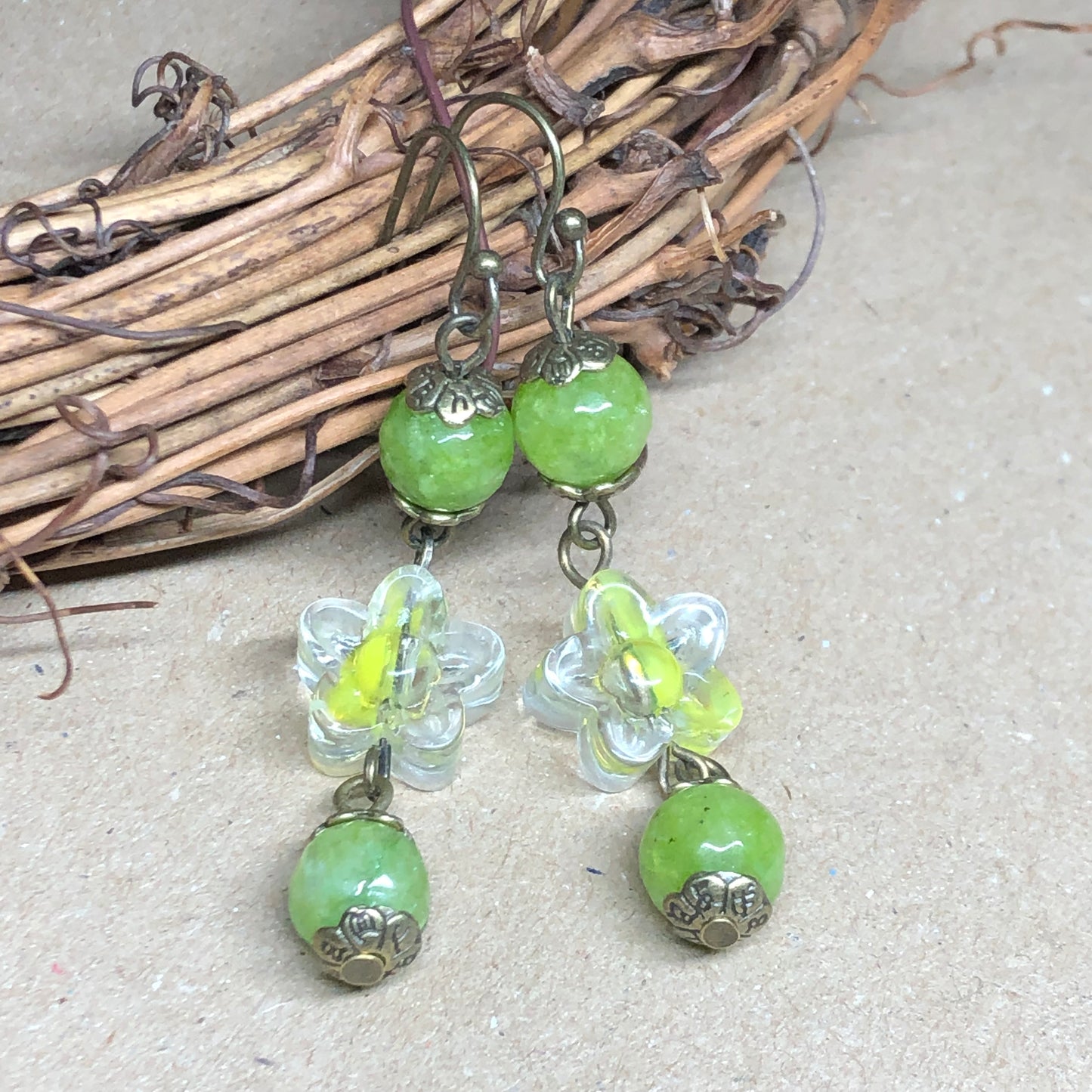 Peridot and glass flower earrings