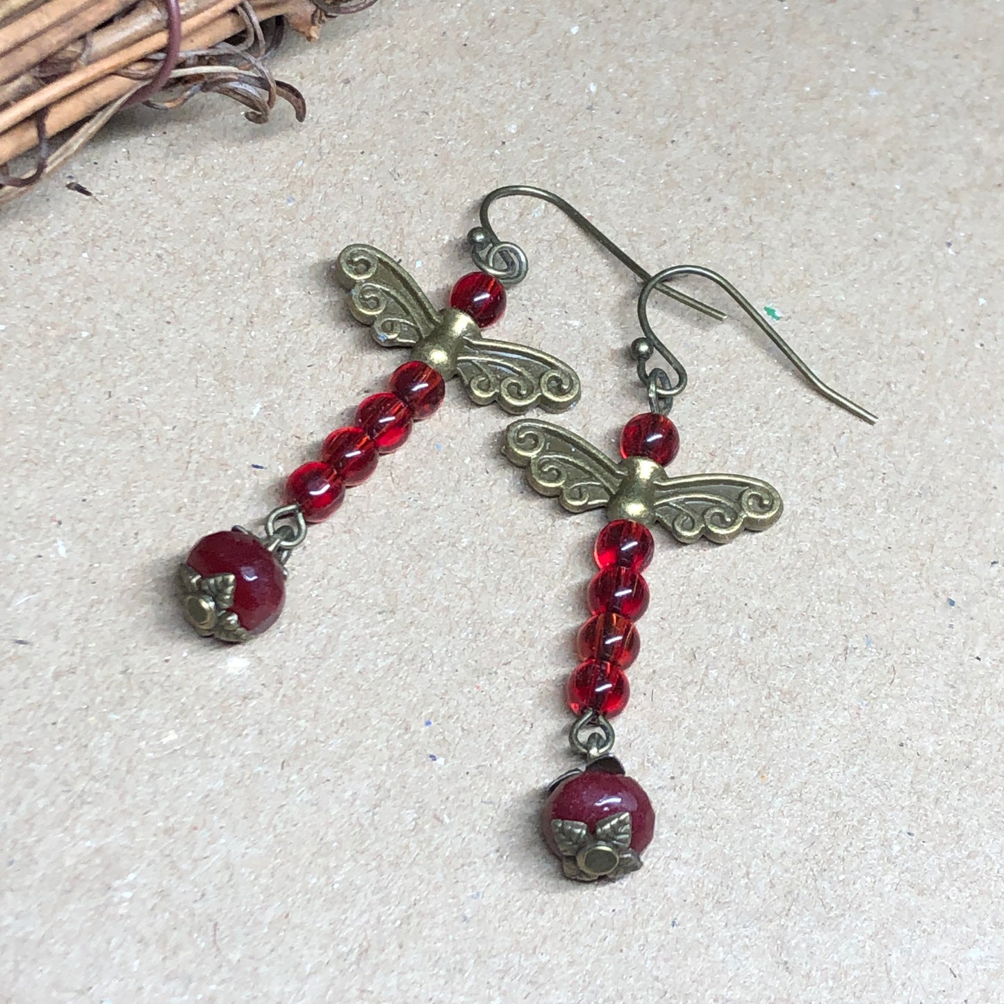 Long red dragonfly and ruby earrings