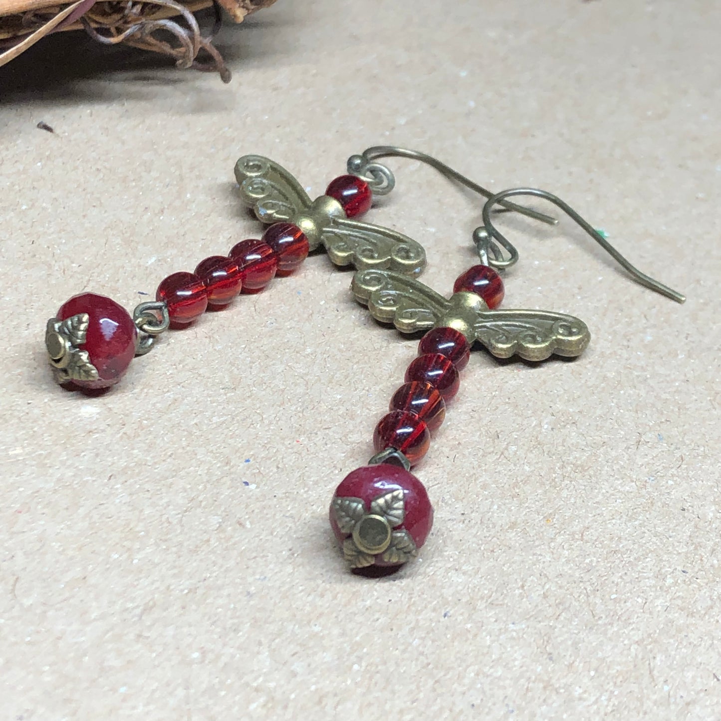 Long red dragonfly and ruby earrings