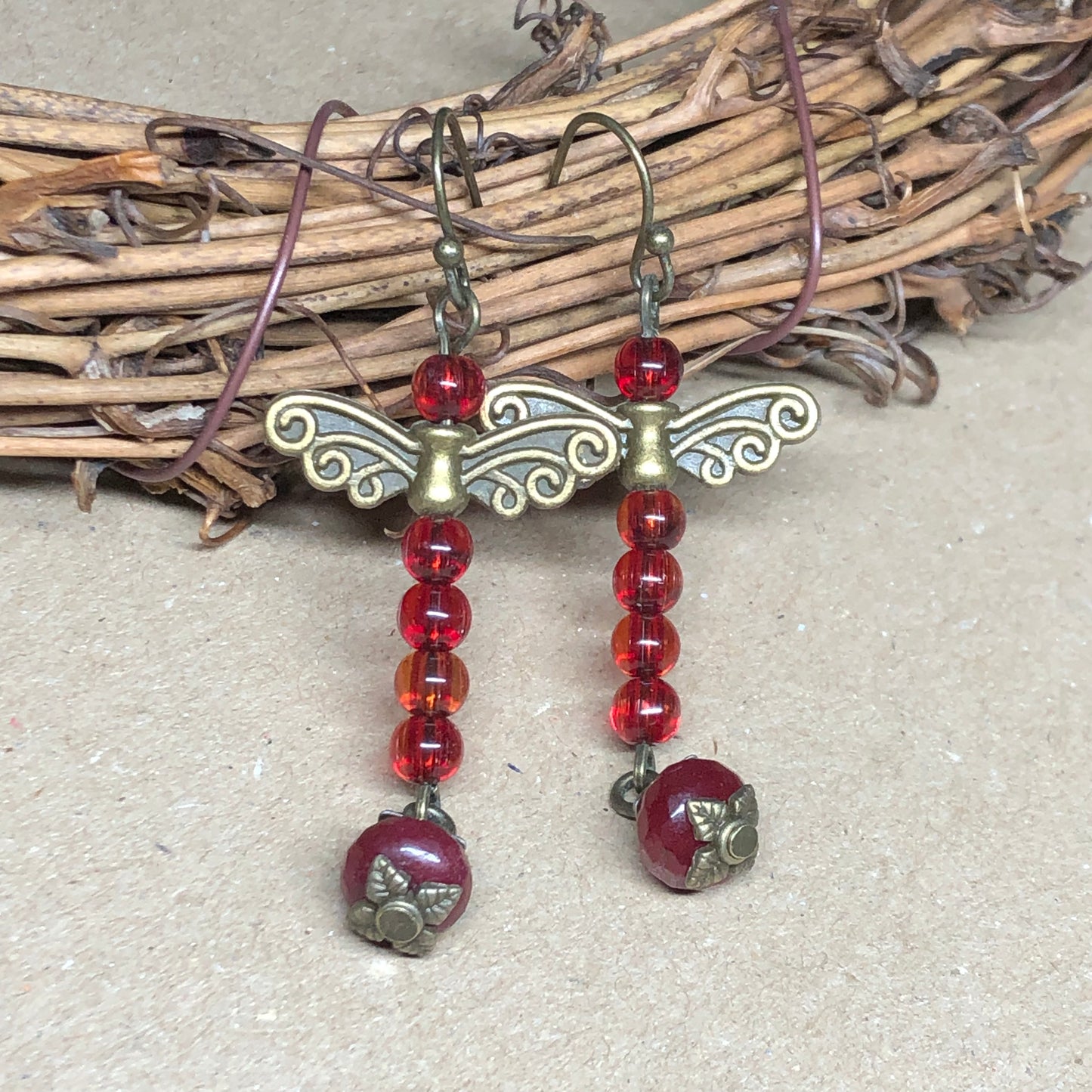 Long red dragonfly and ruby earrings