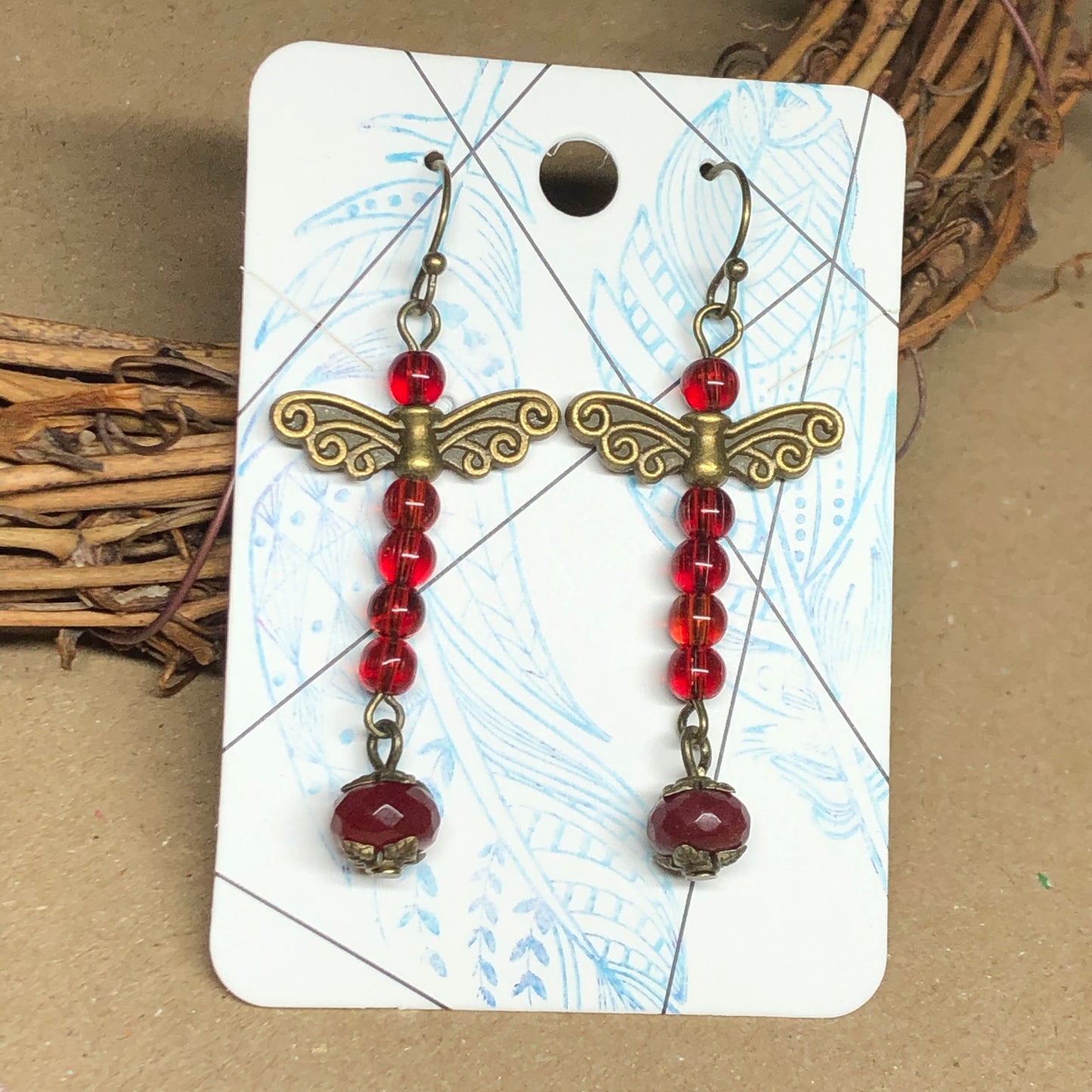 Long red dragonfly and ruby earrings