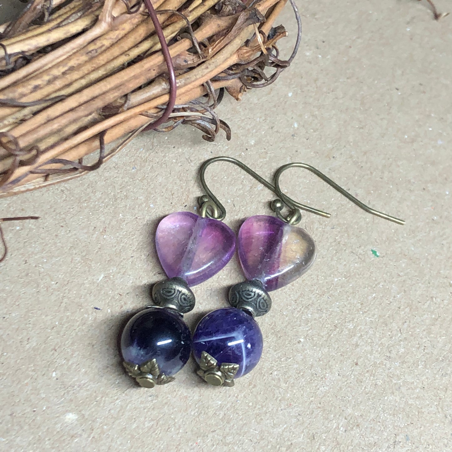 Fluorite heart and Amethyst earrings