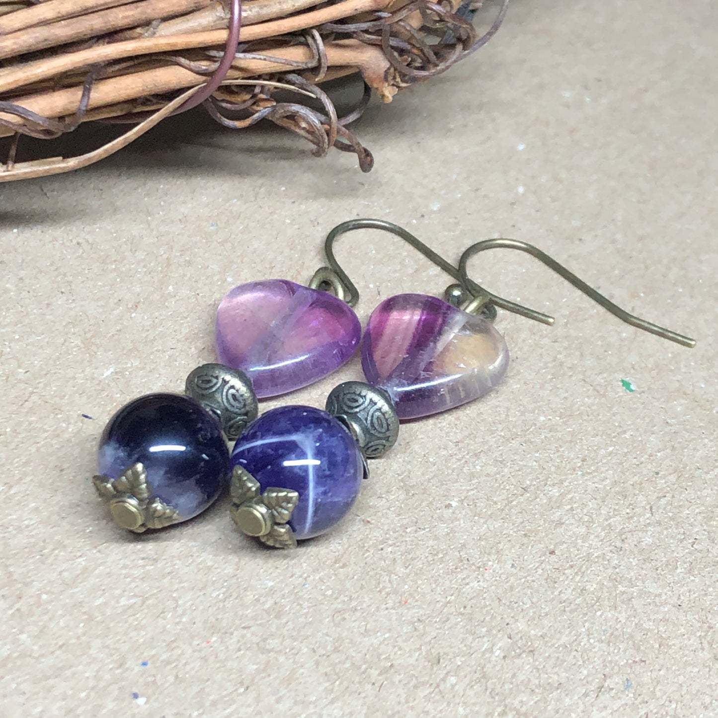 Fluorite heart and Amethyst earrings