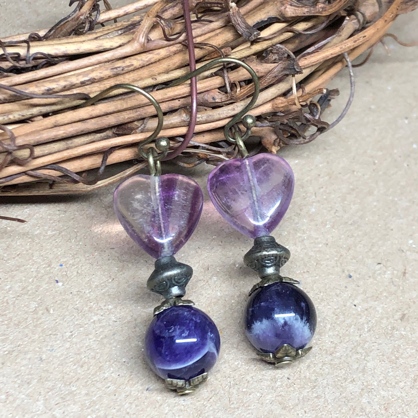 Fluorite heart and Amethyst earrings