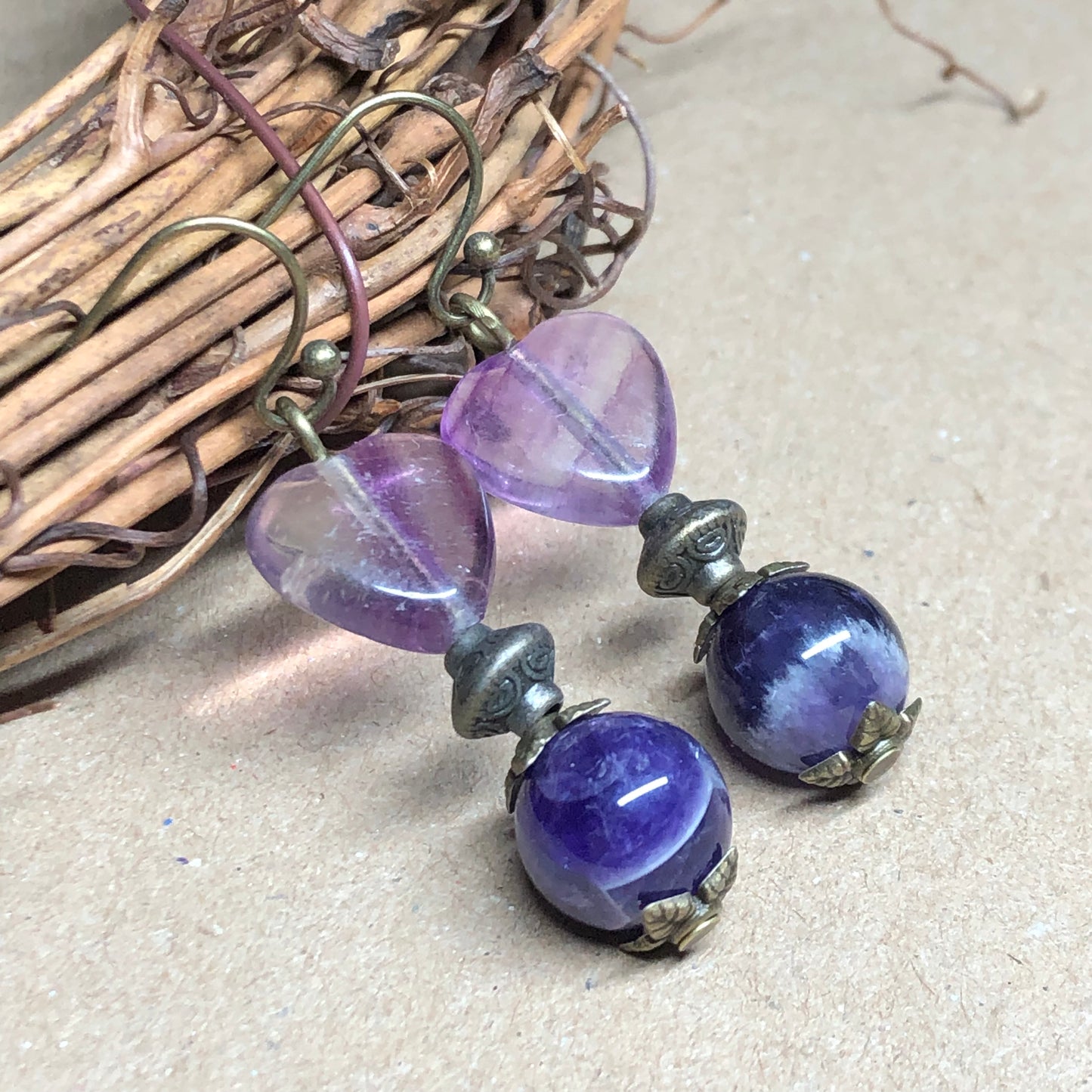 Fluorite heart and Amethyst earrings