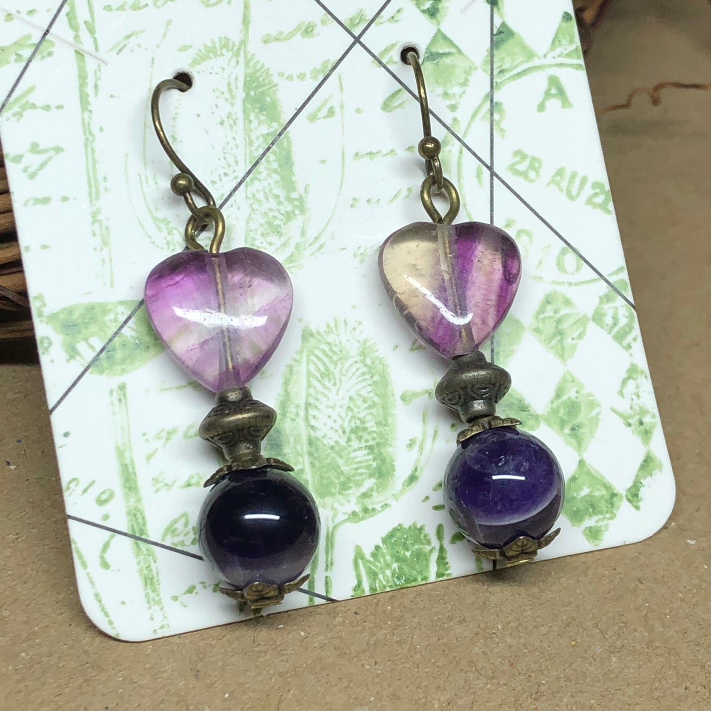 Fluorite heart and Amethyst earrings