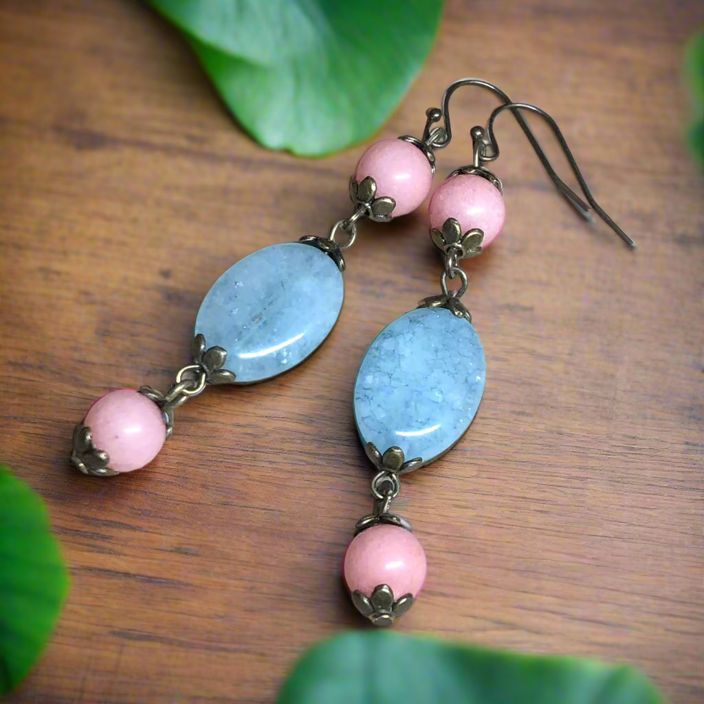 Aquamarine oval and pink Beryl earrings