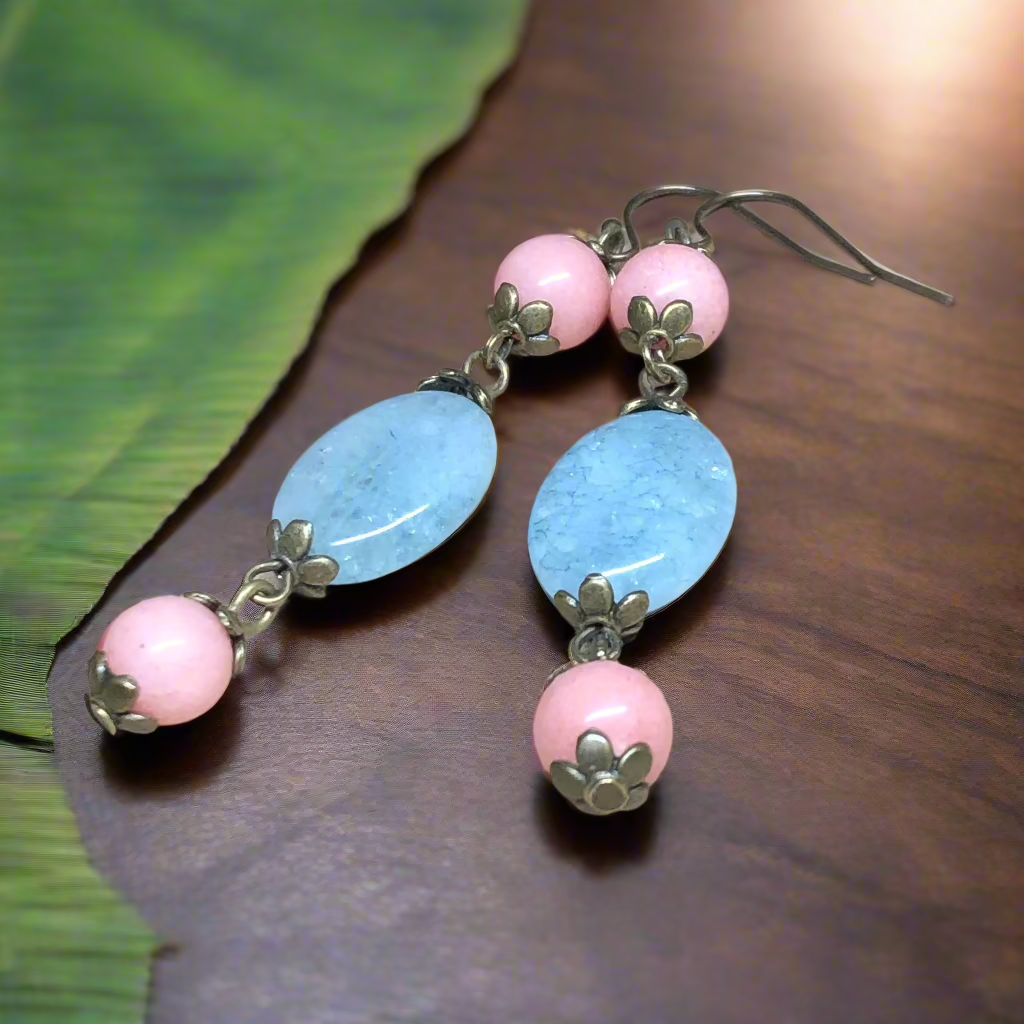 Aquamarine oval and pink Beryl earrings