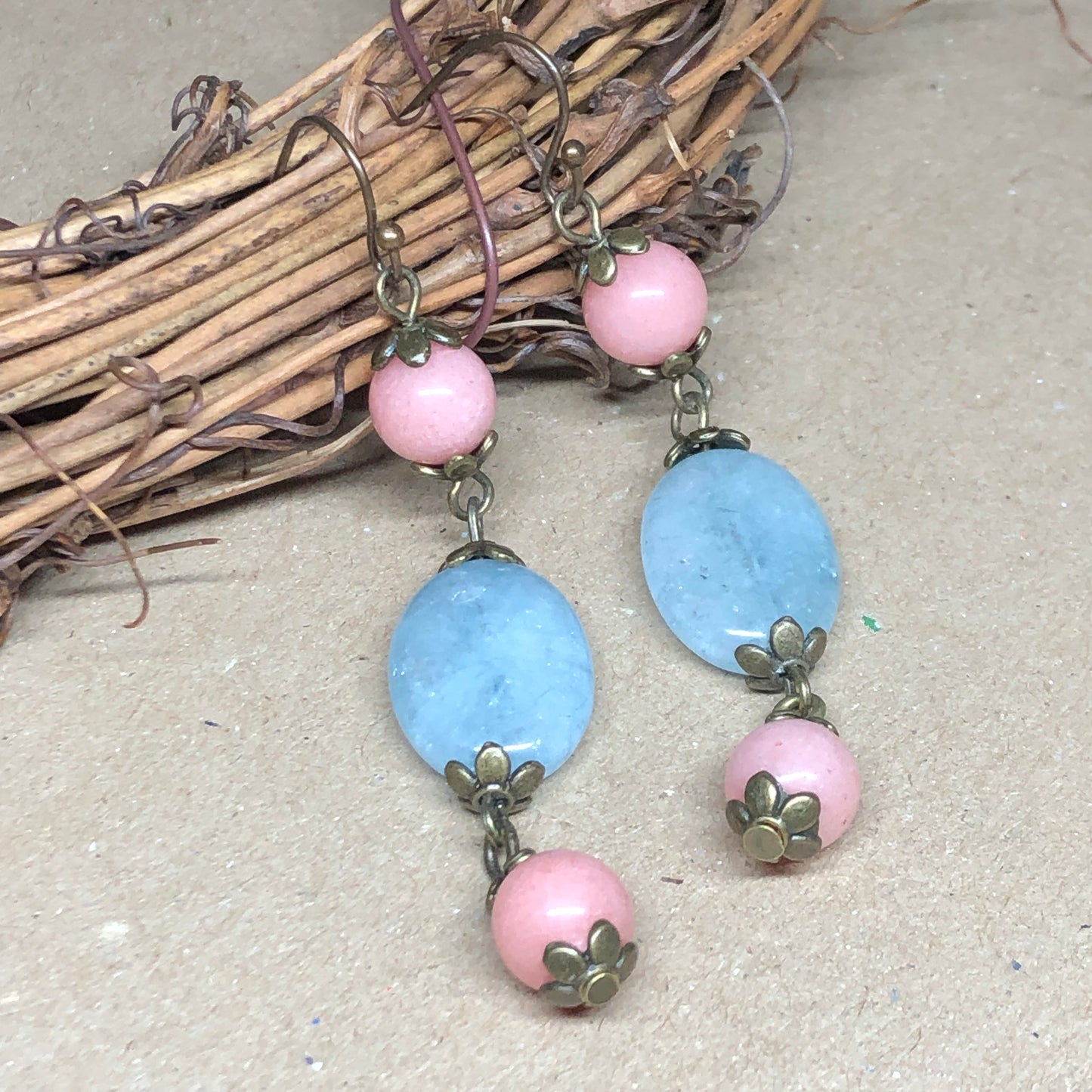 Aquamarine oval and pink Beryl earrings