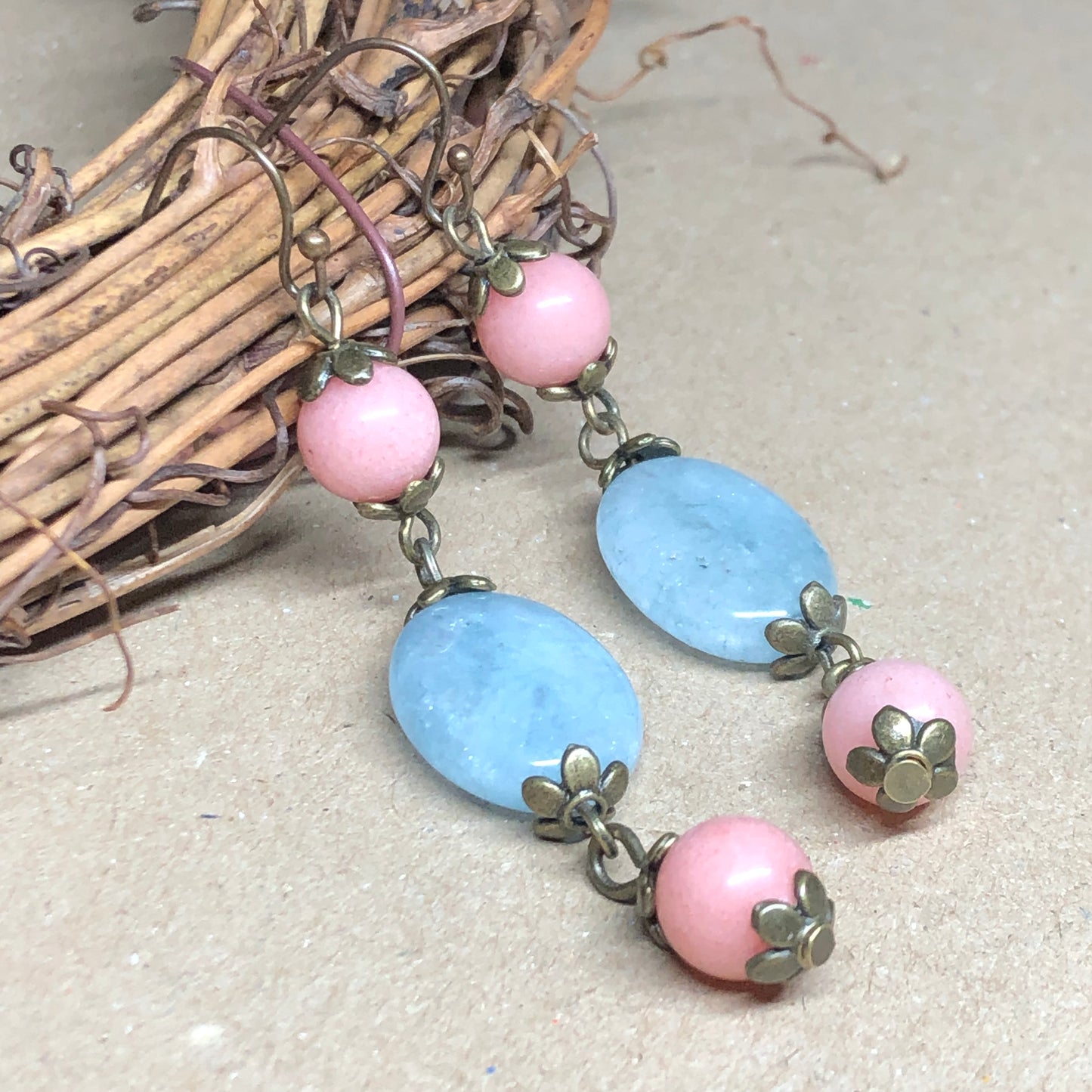 Aquamarine oval and pink Beryl earrings