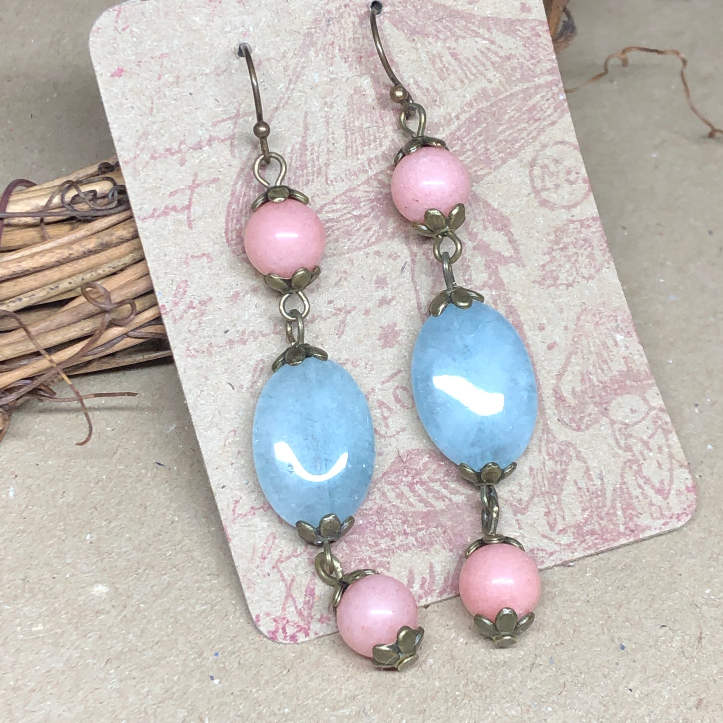 Aquamarine oval and pink Beryl earrings