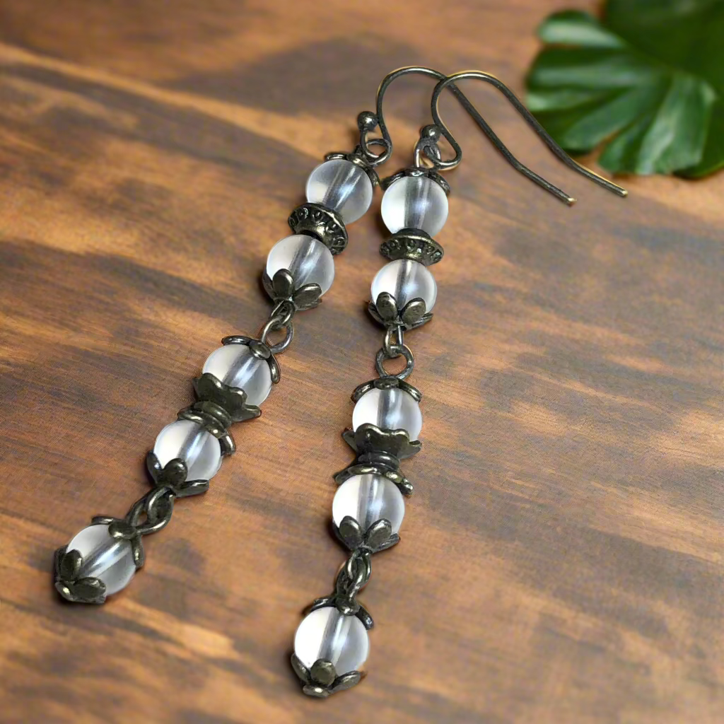 Long frosted glass dangle earrings