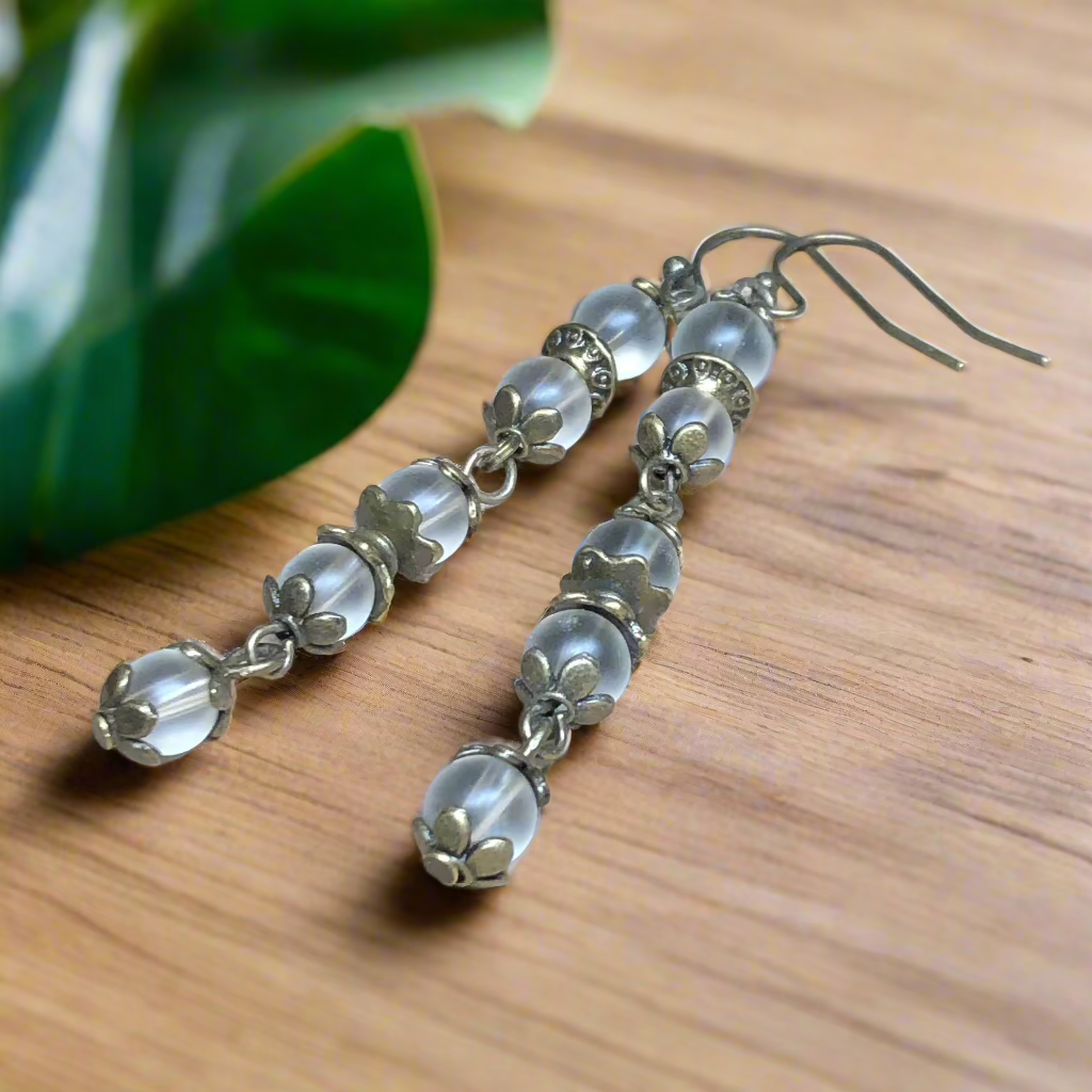 Long frosted glass dangle earrings