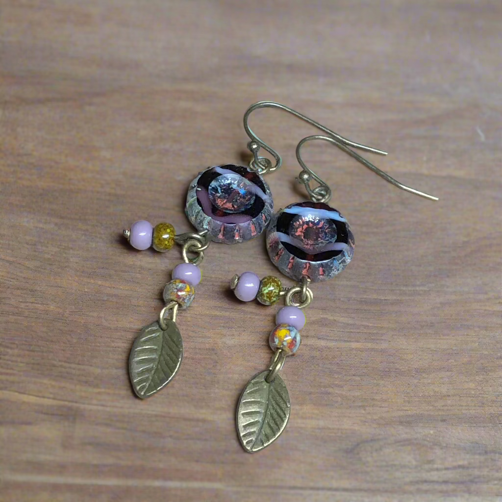 Purple Czech glass flower earrings