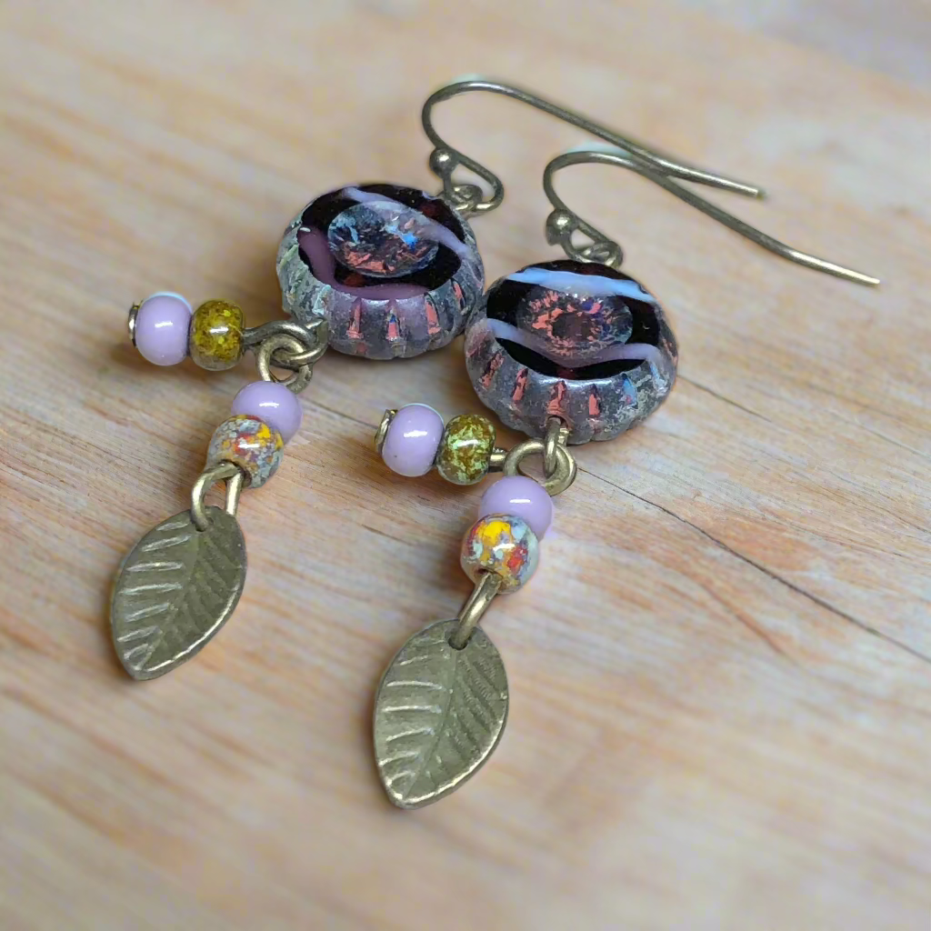 Purple Czech glass flower earrings