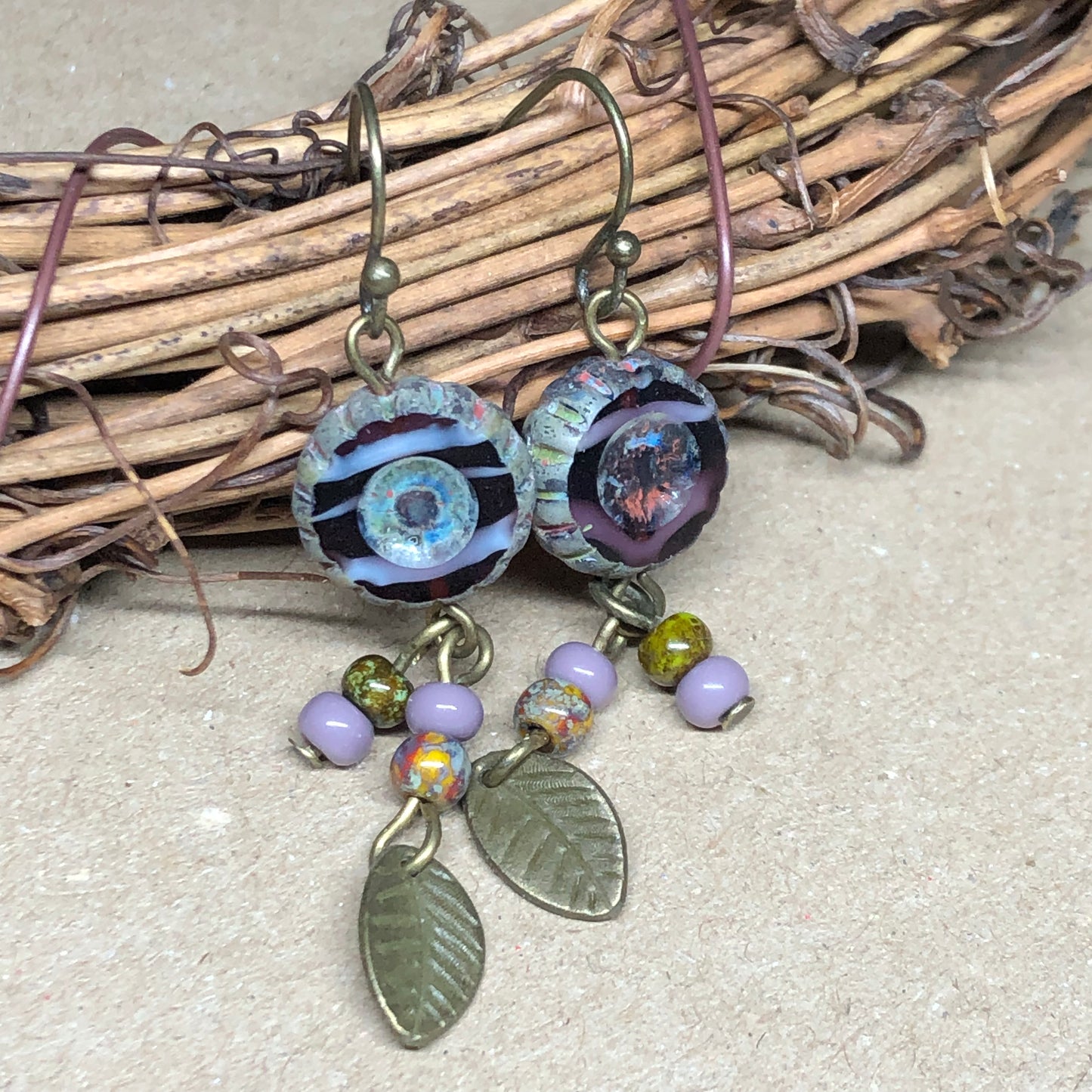 Purple Czech glass flower earrings